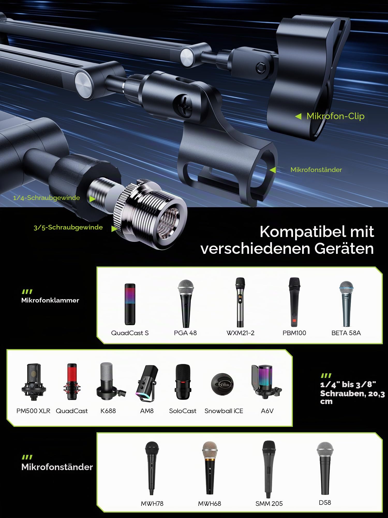 M05 Pro Galgenarm, 360° drehbarer Mikrofonständer mit Tischhalterung, faltbarer Schreibtisch-Mikrofonarm mit 3/8 Zoll auf 5/8 Zoll Schraubadapter, Mikrofonarm für Live-Streaming, Gaming (Schwarz)
