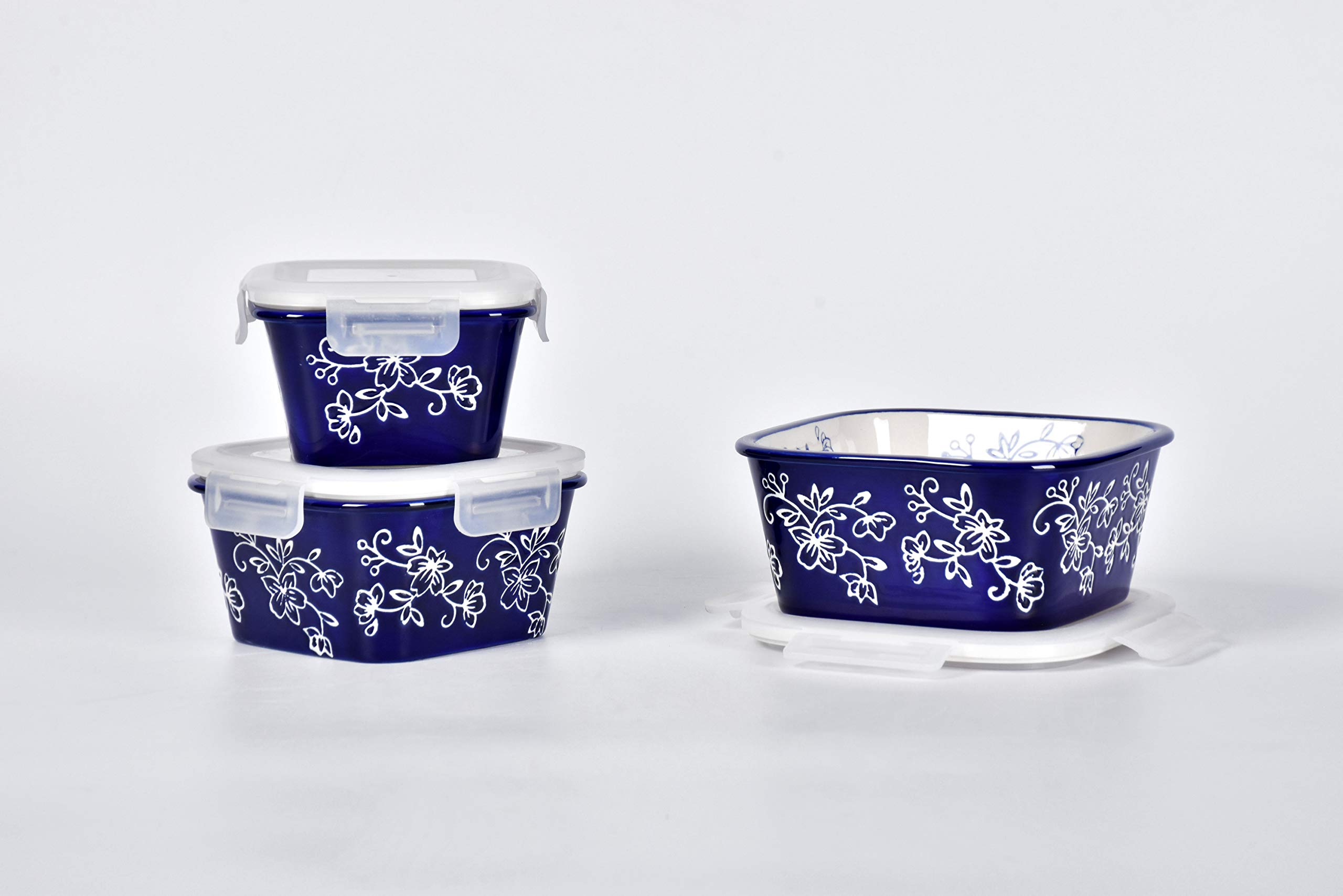 Temp-tationsFloral Lace Nesting Square Ceramic Containers with Lid - 3 Piece - Blue