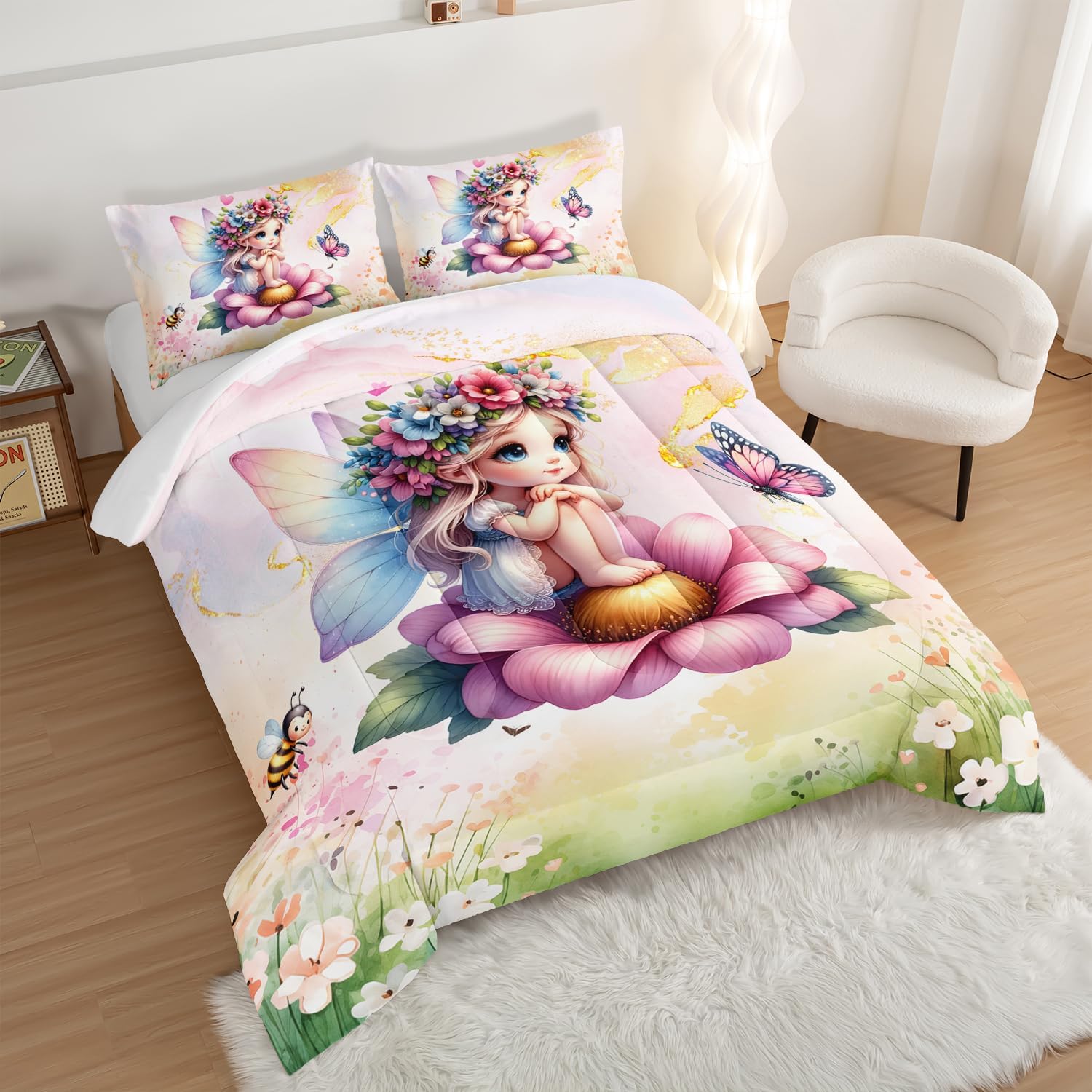 Cute Floral Fairy Twin Size Bedding Set,Girls Princess Dreamy Garden Comforter Sets with 2 Pillowcases,Pink Flower Butterfly Bee Bedding for Kids Room Decor.
