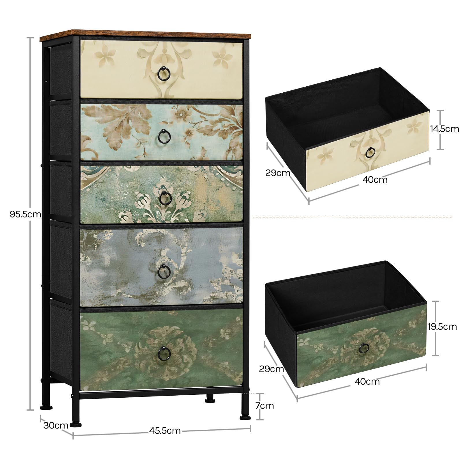 WOLTU Cassettiera, 5 Cassetti per Camera da Letto/Corridoio/Soggiorno, Marrone Rustico e Nero con Motivo Fiore Retrò, Struttura in Metallo, 45.5x30x95.5cm, SSK004pw