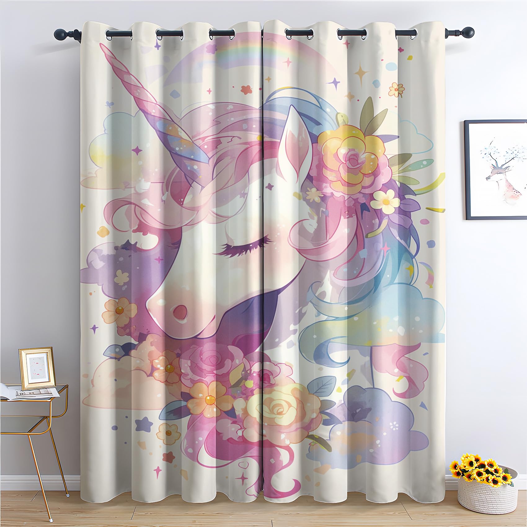 Unicorn Curtains for Bedroom Living Room - Girls Rainbow Blackout Curtains 90x108 Inch (Width x Drop), Thermal Insulated Eyelet Curtains & Drapes, Decorative Patterned Window Treatments J-#273
