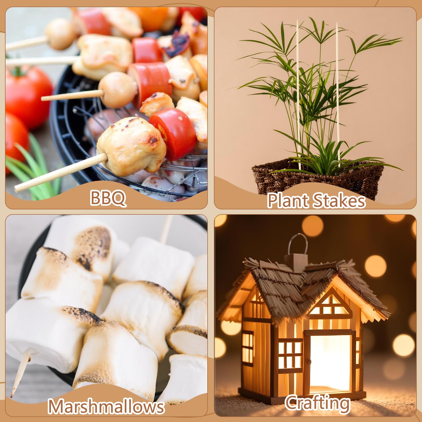 300 spiedini in bambù da 40,6 cm, spessi 4 mm, per marshmallow, barbecue, smores, marshmallow, cioccolato, fontana, piante, paletti e creazioni artigianali