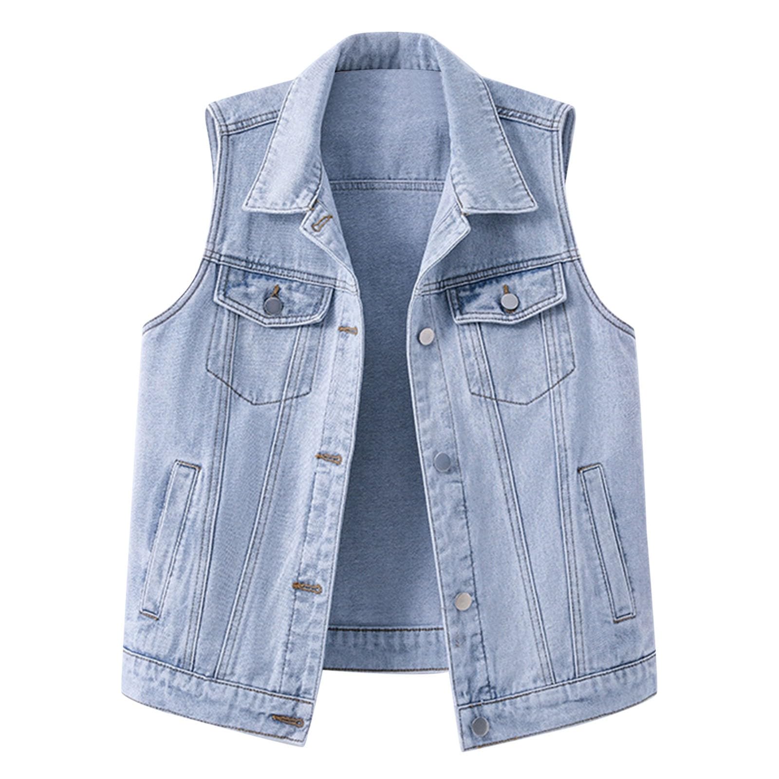 Generisch Damen Jeansweste Ärmellos Knopfleiste Fleece Weste Loose Fit Übergangsweste Freizeitweste Lang geschnitten für Alltag und Herbst Damen Denimweste