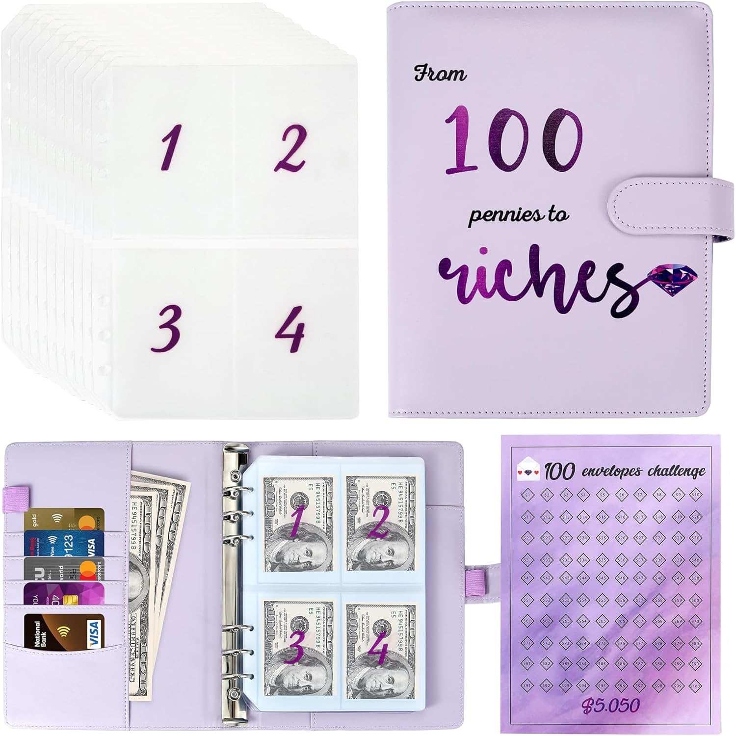 100 Envelope Money Savings Challenge Binder - From 100 Pennies to Riches - Elegant Vegan Leather Budget Books With Cash Envelopes - $5050 Saving Tracker - Reusable Laminated Sheet - A5