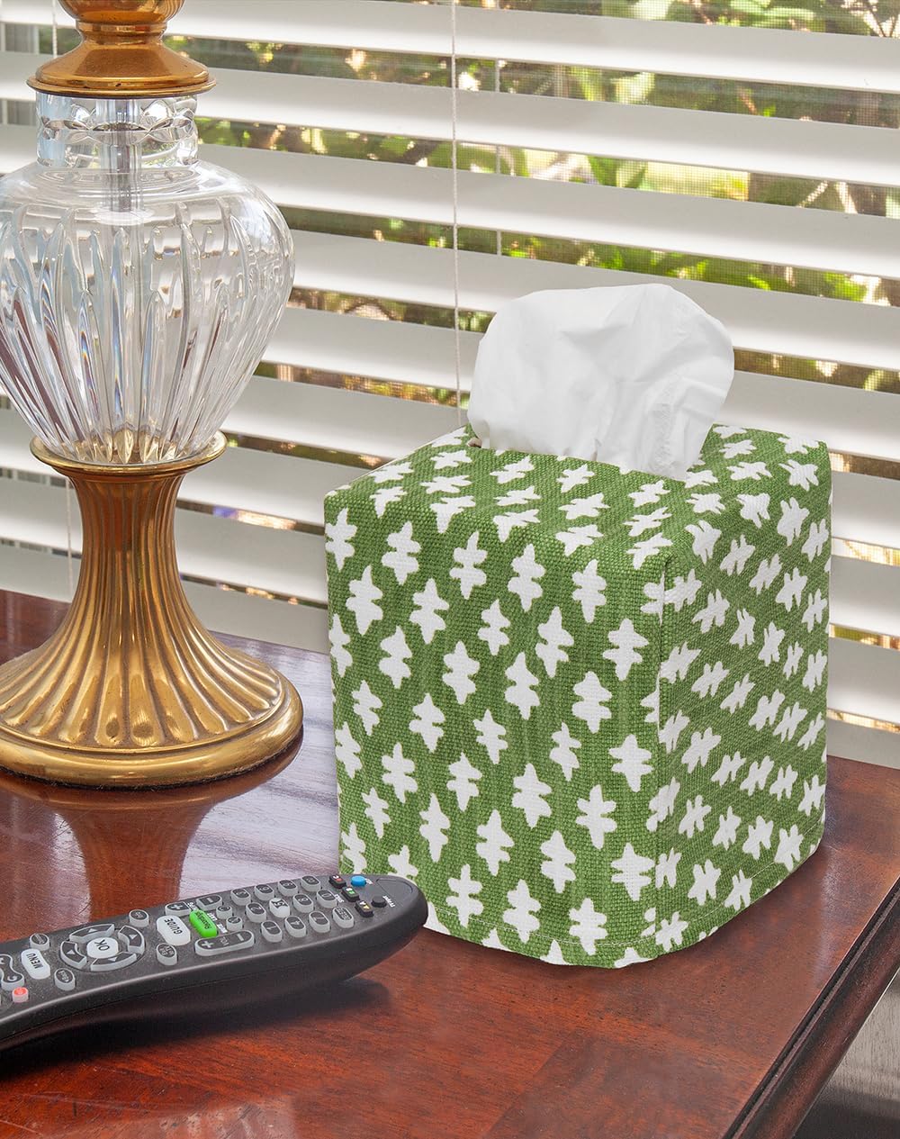 Fabric Tissue Box Cover, Tissue Holder Slipcover, Slips Over Square Cube Cardboard Facial Tissue Boxes Green Blockprint Decorative Cotton Fabric, Made in USA