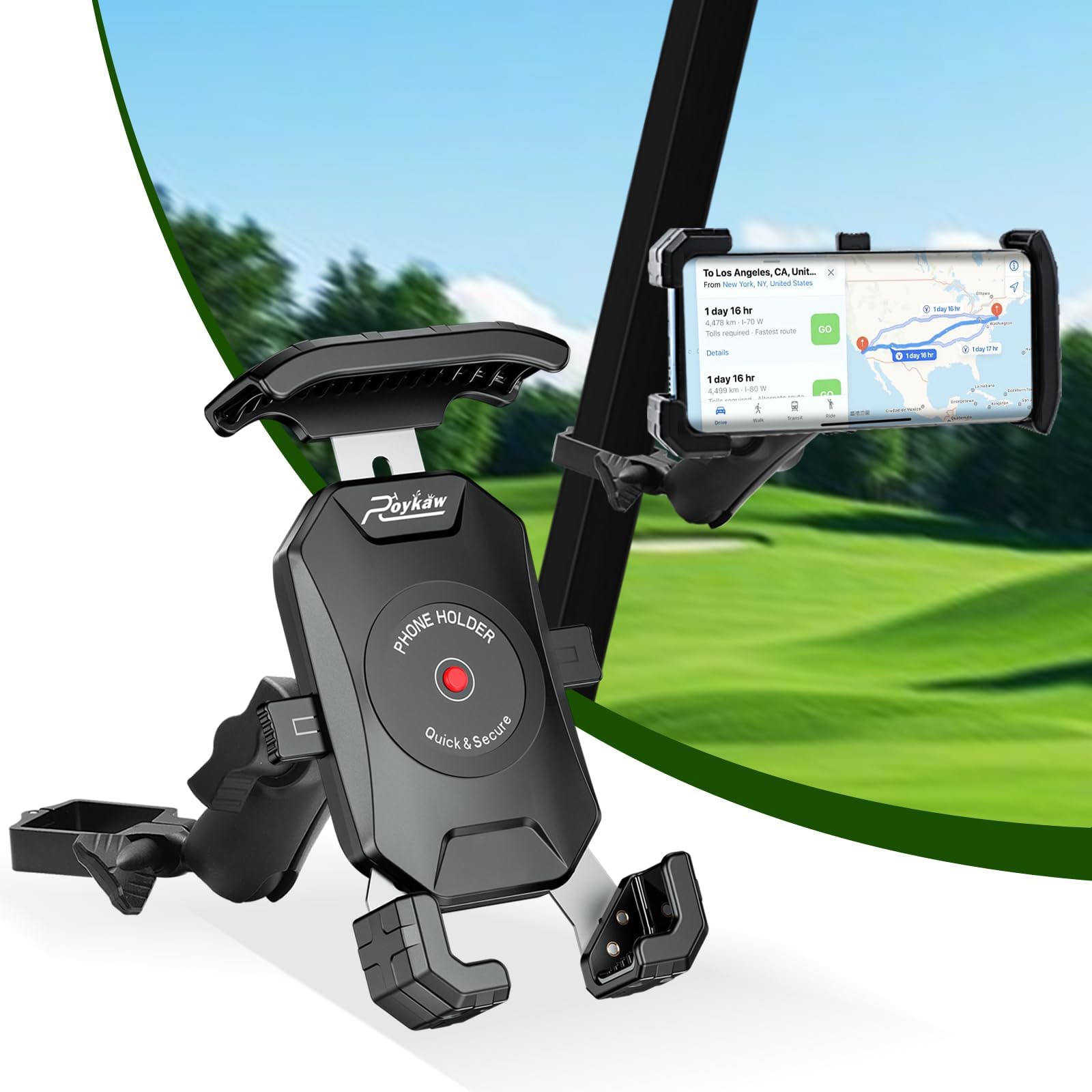 Roykaw Golf Cart Phone Mount Holder for iPhone/Galaxy/Google Pixel/Motorola & GPS SkyCaddie SX400, SX500 - Fit for EZGO, Club Car, Yamaha, ICON, Advanced EV, Upgrade Quick Release & One-Touch Lock