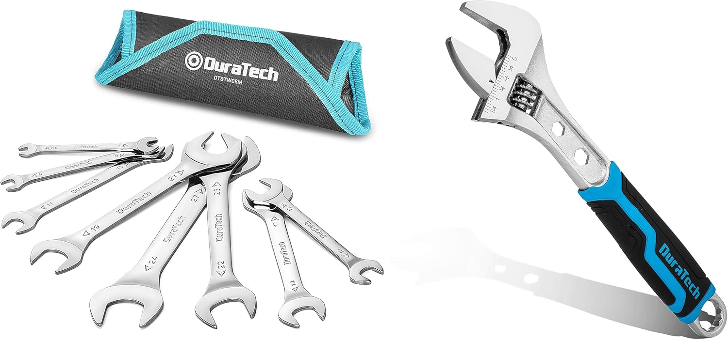 DURATECH Super-Thin Open End Wrench Set, Metric, 8-Piece & 10 Inch 3-in-1 Adjustable Wrench