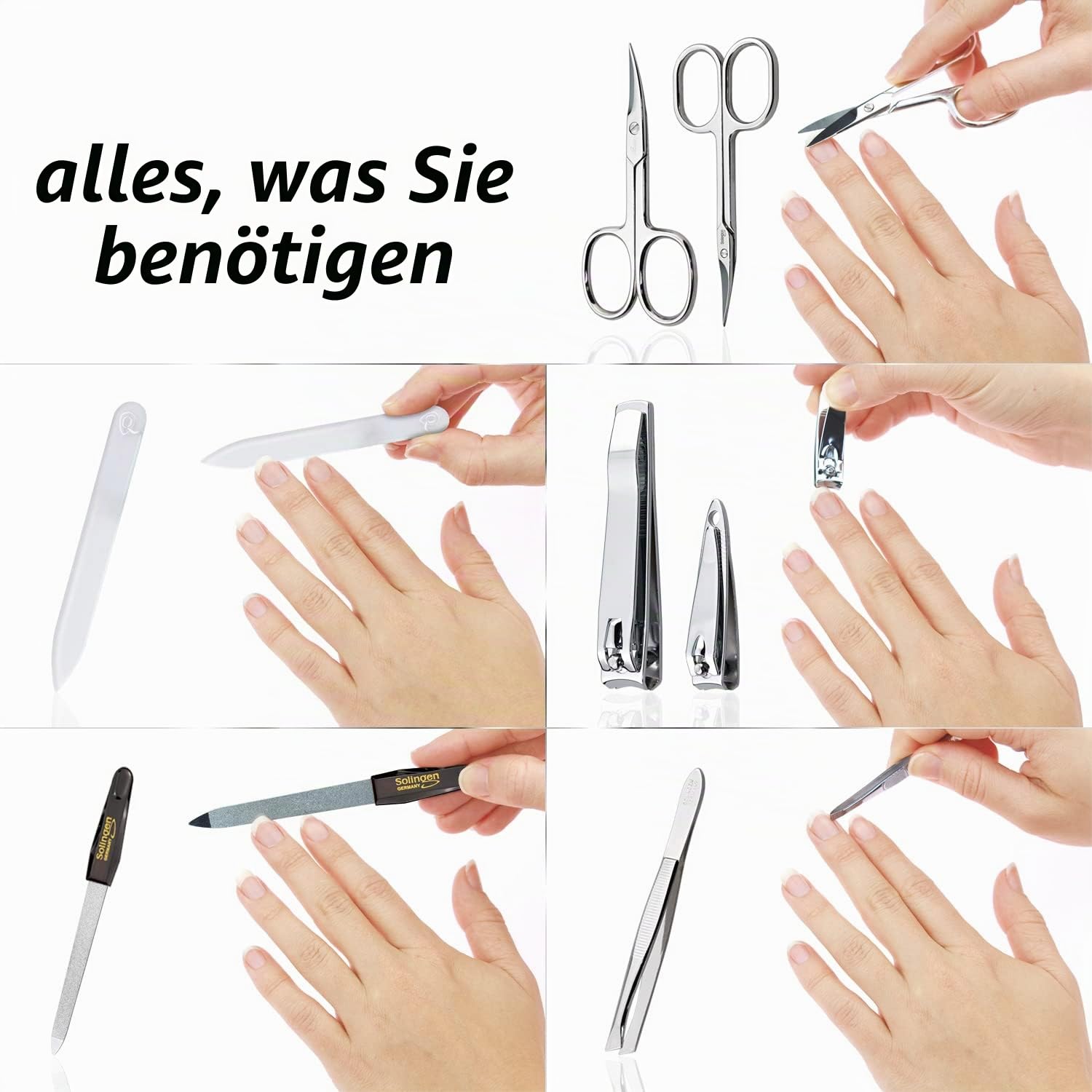 marQus Maniküre Set Damen und Herren Solingen Made in Germany 7 Teile mit patenierter Glasfeile für Hand- und Fußpflege - Echt Leder Etui handlich und weich
