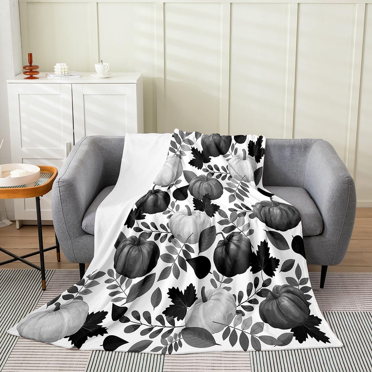 jejeloiu Fall Pumpkin Flannel Fleece Throw Blanket Rustic Queen 90"x90" Farmhouse Autumn Maple Leaves Fleece Throw Blanket Vintage Country for Bed Couch Chair Living Room Black White Bedroom Decor