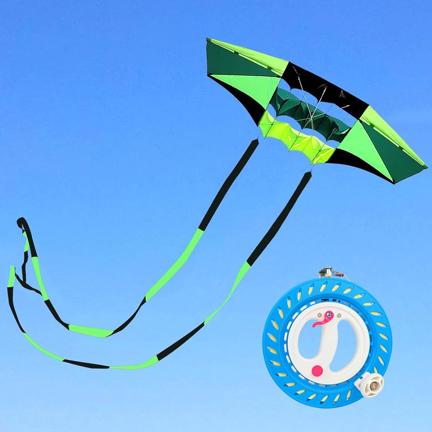 98in Beach Kites for Adults Large with Long Tail& 9in Kite String Reel Winder for Adults with Brake and 1640ft String