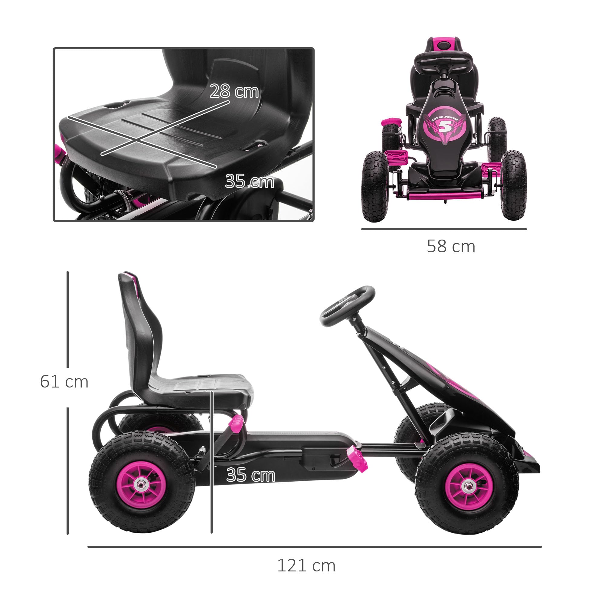 HOMCOM Gokart z 3-stopniową regulacją siedziska, dla 5-12 lat, do 50 kg, różowy | Pojazd dziecięcy, pojazd na pedały z gumowymi oponami, , hamulec ręczny, kettcar, outdoor