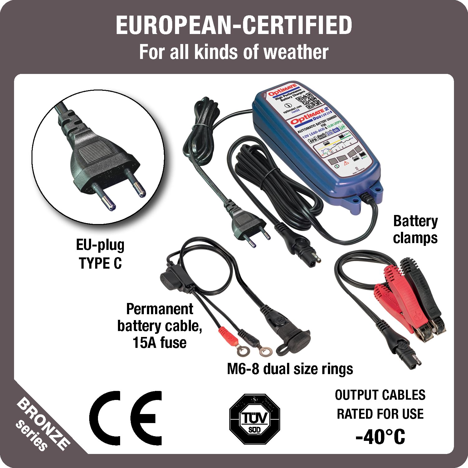 TecMate Optimate 2 Duo, TM550, Serie Bronze: Cargador-mantenedor de batería sellada de 5 Fases de 12V/12,8V 2A