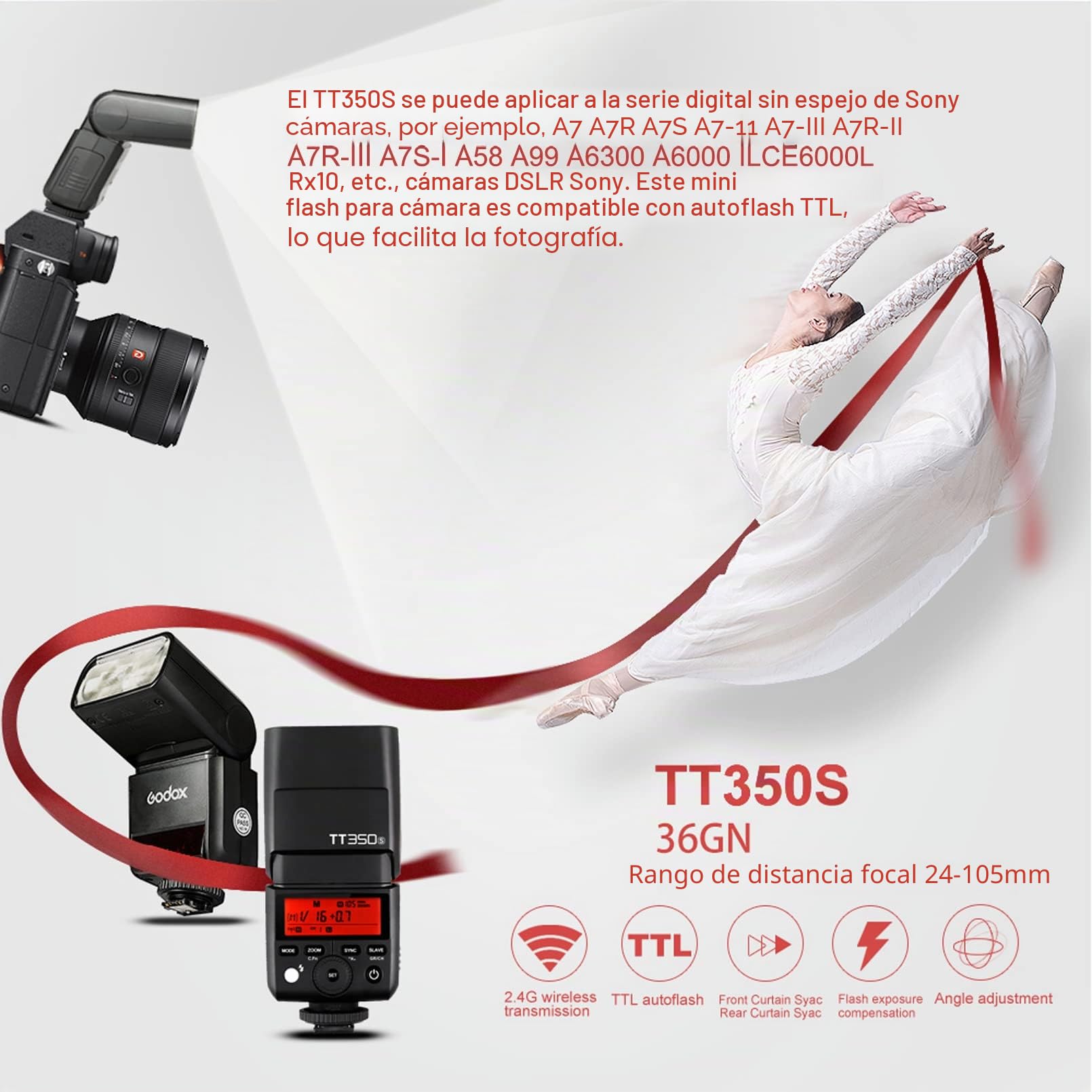 Godox TT350S TTL Cámara Flash Speedlite para Sony GN36 2.4G HSS 1 / 8000s GN36 Compatible para Sony Mirrorless Digital Camera