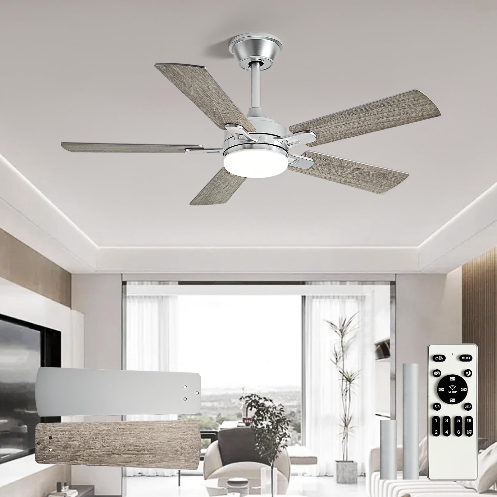 Depuley 42-inch Ceiling Fan with Light: Nickel Ceiling Fan for Living Room Indoor Outdoor - Modern Ceiling Fan with Remote Control 3CCT Dimmable Noiseless 5 Reversible Silver Blades 6 Speeds Timer
