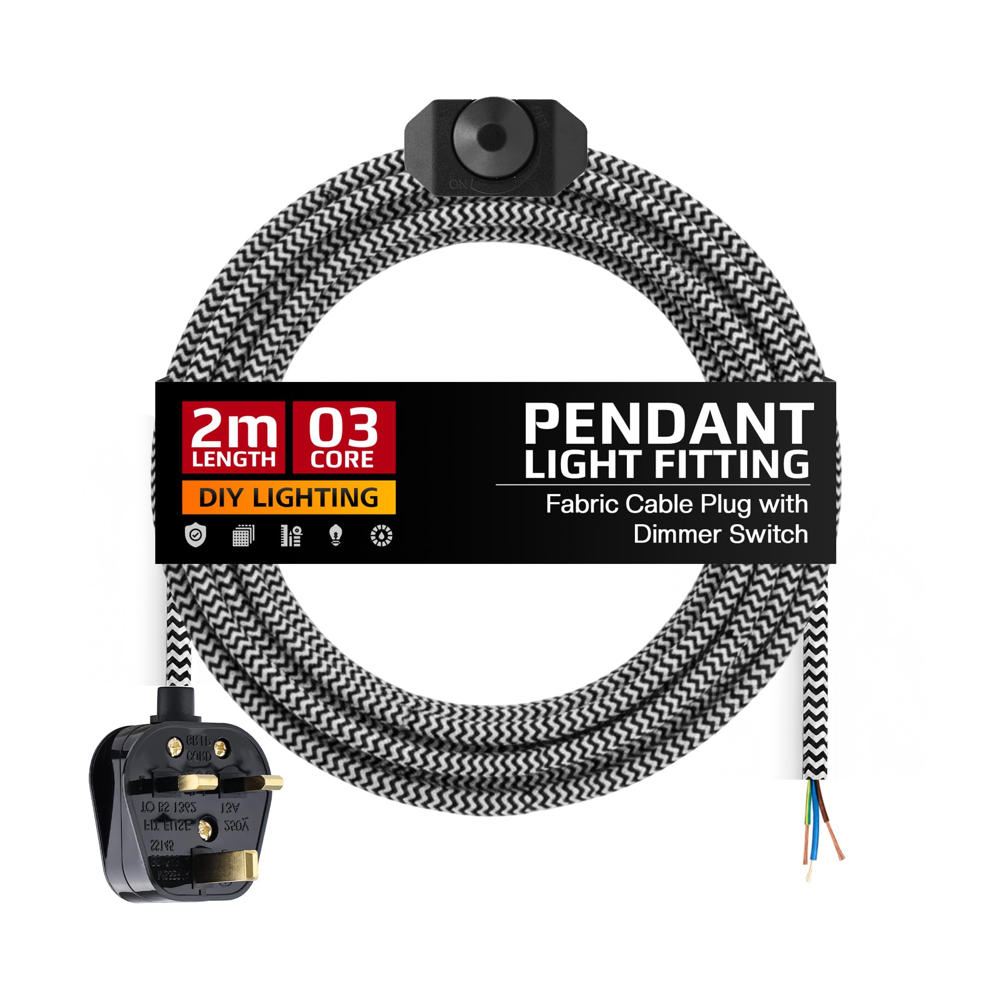 2m Plug in Pendant Light with Dimmer Switch, 3 Pin UK Plug Hanging 3 Core Fabric Cable Black and White Suspended Hanging Lamp for Bedroom, Living Room or Café Décor