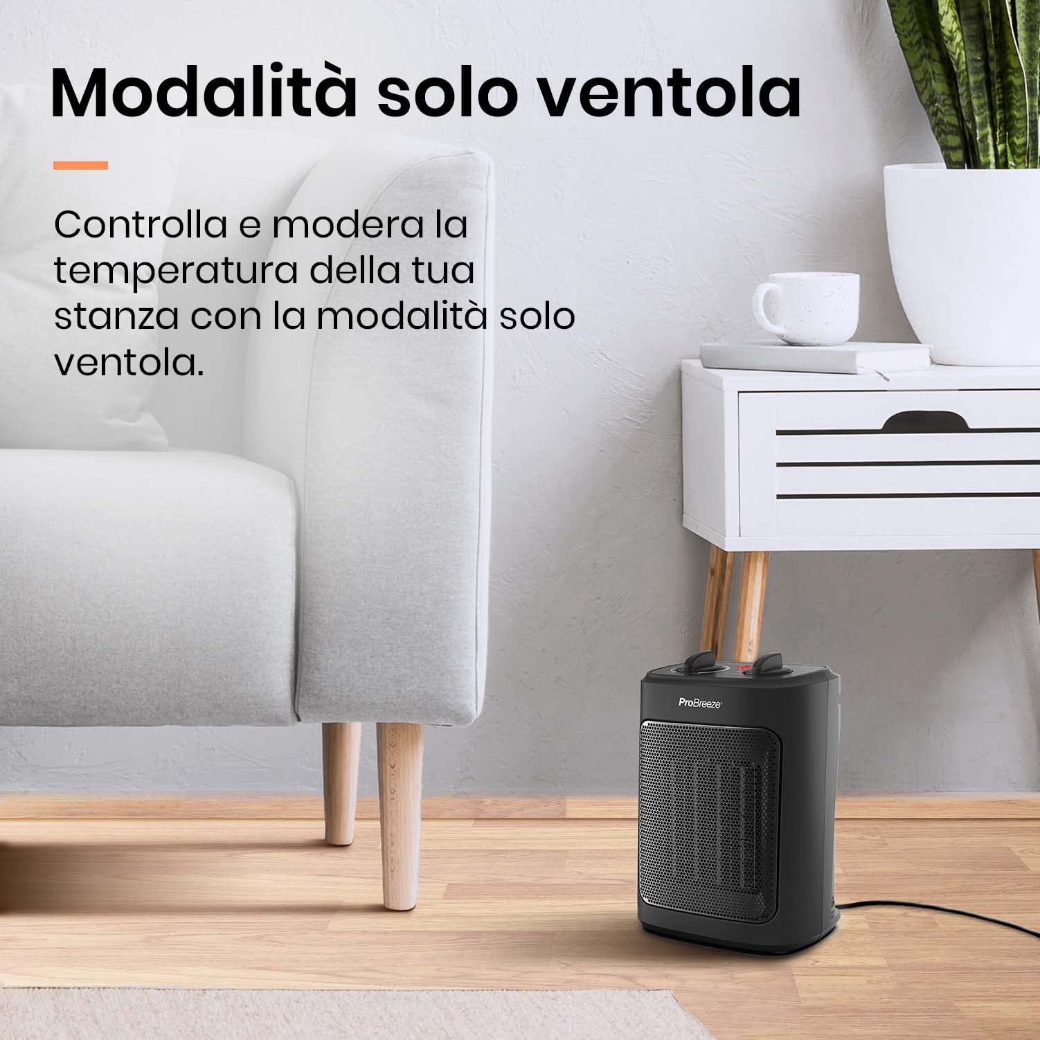 Pro Breeze Stufetta Elettrica Basso Consumo 2000W in Ceramica - 3 modalità, ventilazione, protezione surriscaldamento/ribaltamento. Compatta e sicura per casa, ufficio, bagno. Termoventilatore