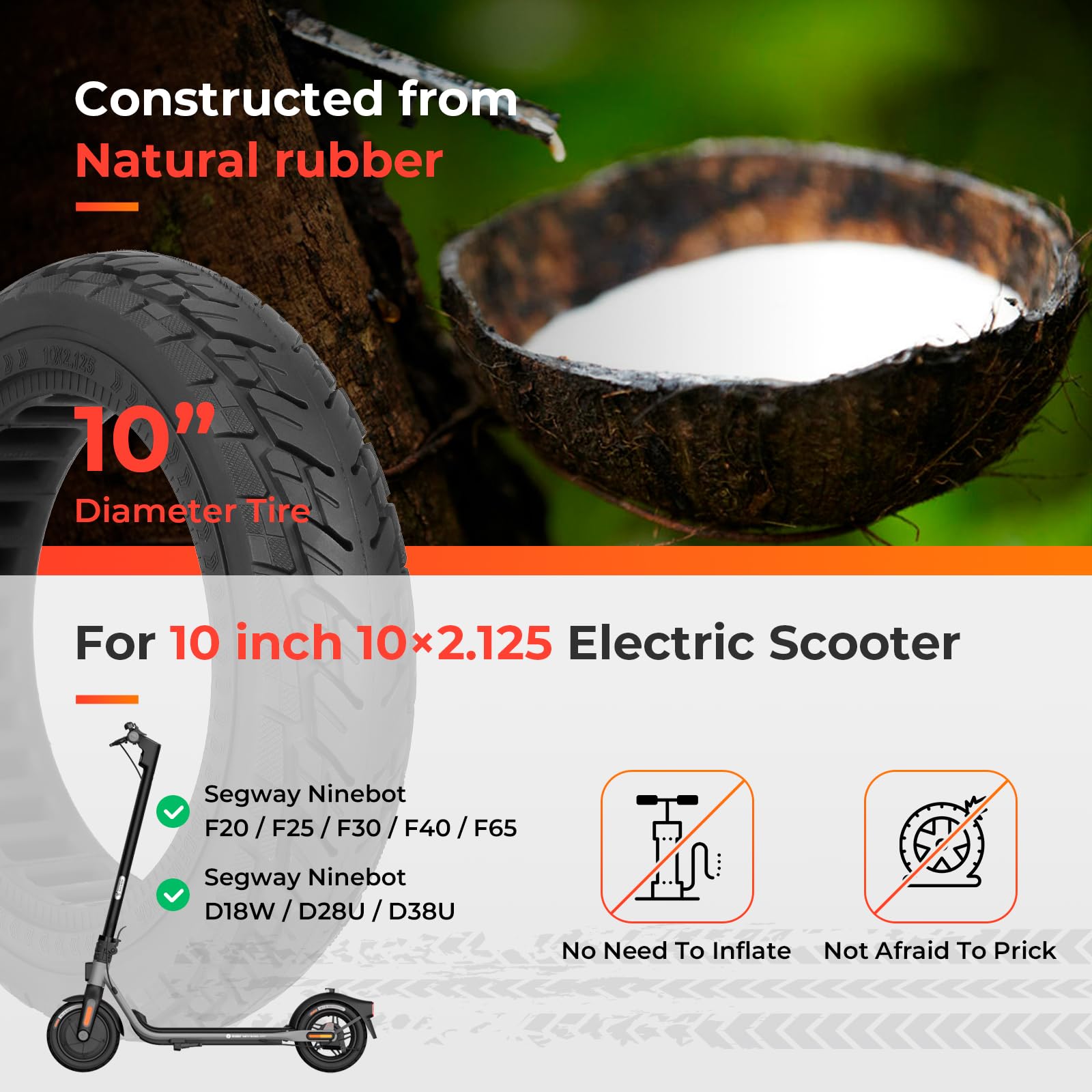 Solid Rubber Tires For Ninebot D18 D28 D38 Scooters – 10x2.125 Inches, Soft Black, No-Flat