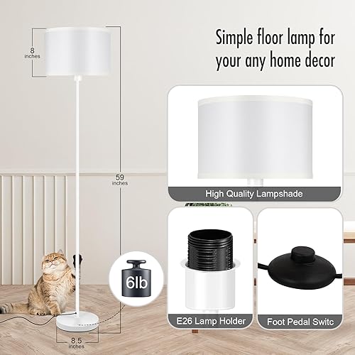 Miniatura 21 de Lámparas de pie doradas para sala de estar, lámpara de pie moderna, pantallas blancas, interruptor de pie, lámparas de poste simple lámpara alta