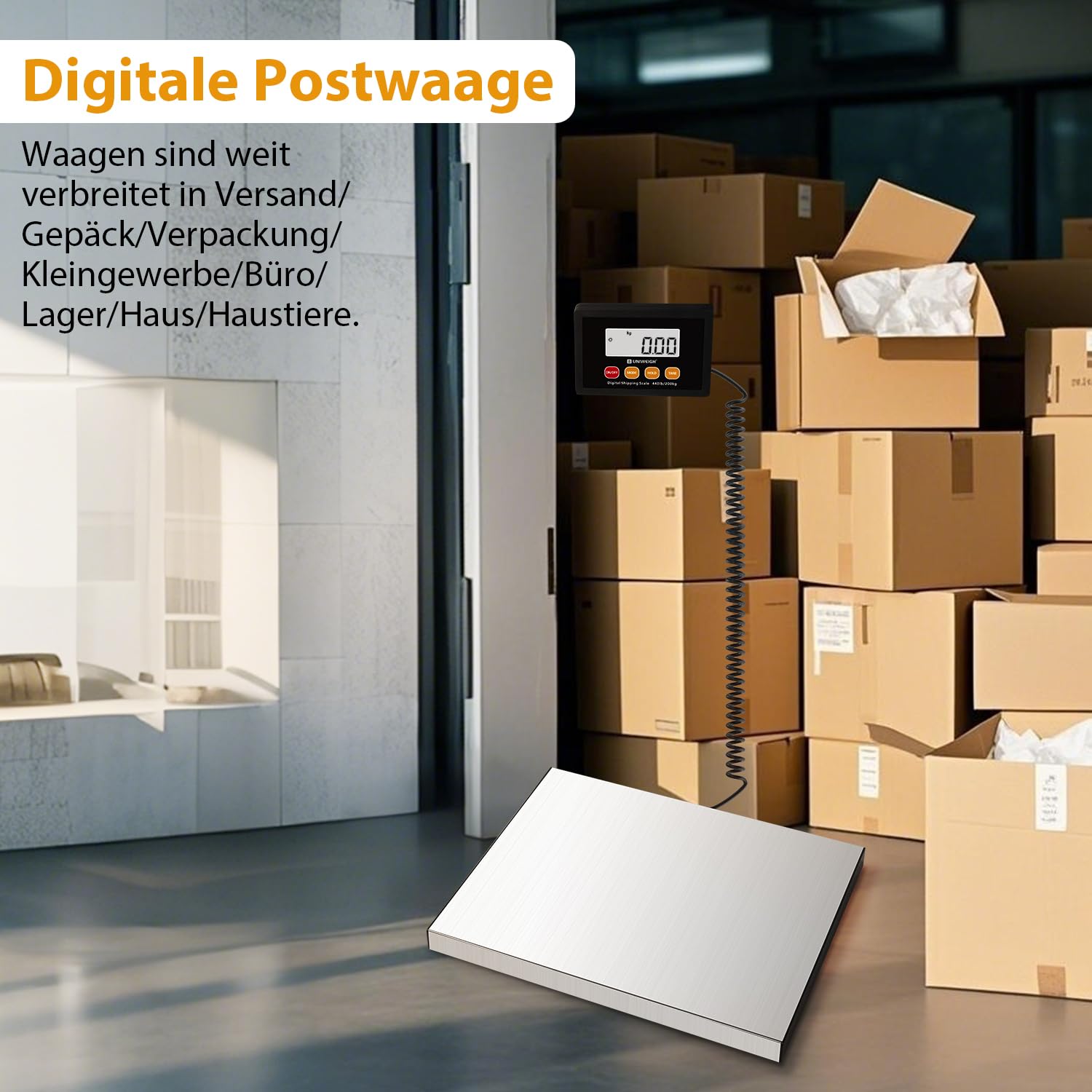 UNIWEIGH Paketwaage,440lb x 10g Hochpräzise Digitale Postwaage,Edelstahl Plattformwaage,Schwerlastwaage mit LCD/Hold/Tara/Funktion,Paketversandwaage für Pakete/Lager/Gepäck,Inklusive Batterie&USB