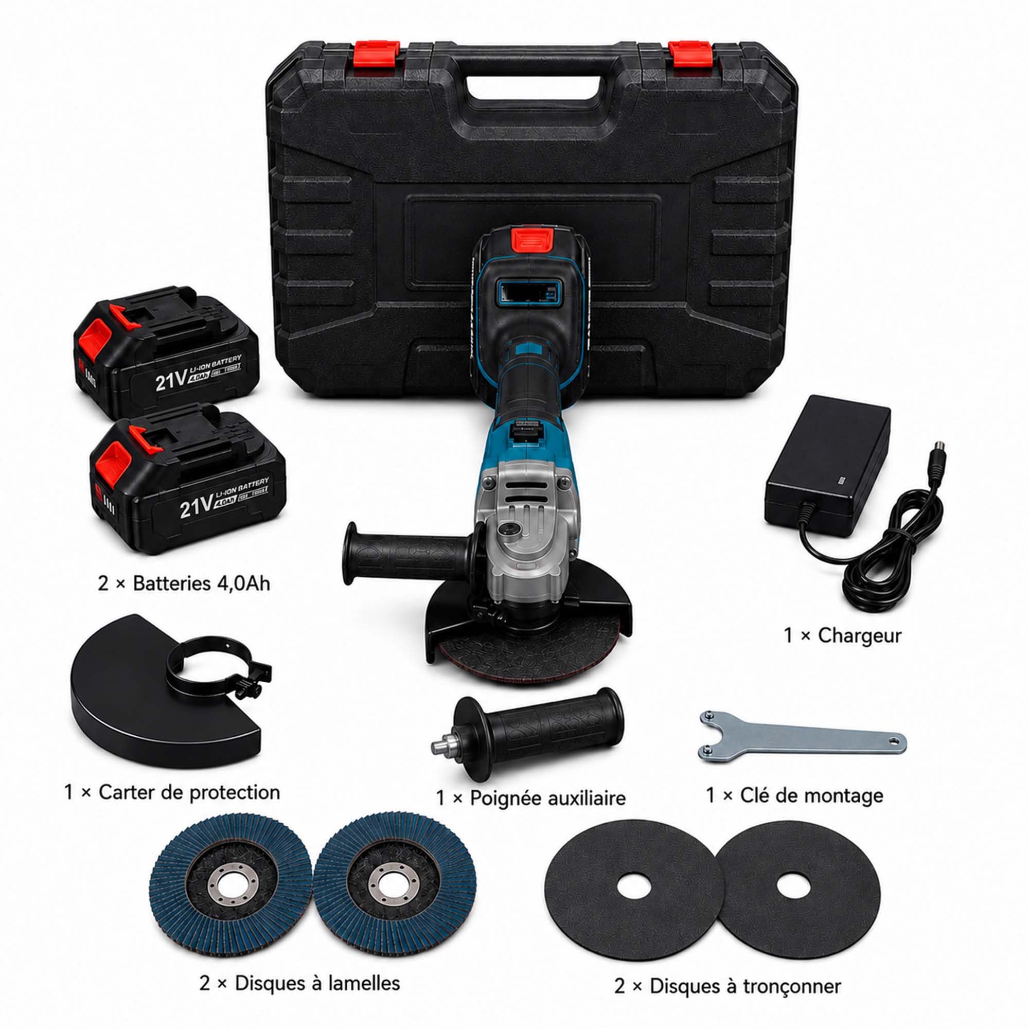Meuleuse d’angle sans fil 125 mm, meuleuse brushless 10000 tr/min avec 2 batteries 4,0 Ah et chargeur, pour métal, pierre et carrelage, avec coffret