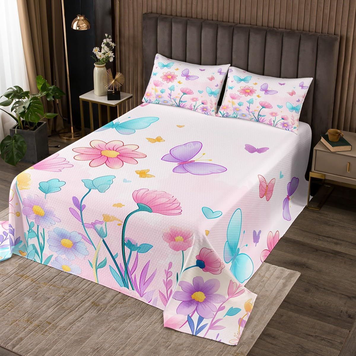 jejeloiu Pink Flowers Bedspread Twin Size Kids Colorful Butterfly Coverlet Set for Boys Girls Floral Pattern Spring Themed Quilted Coverlet Room Decor