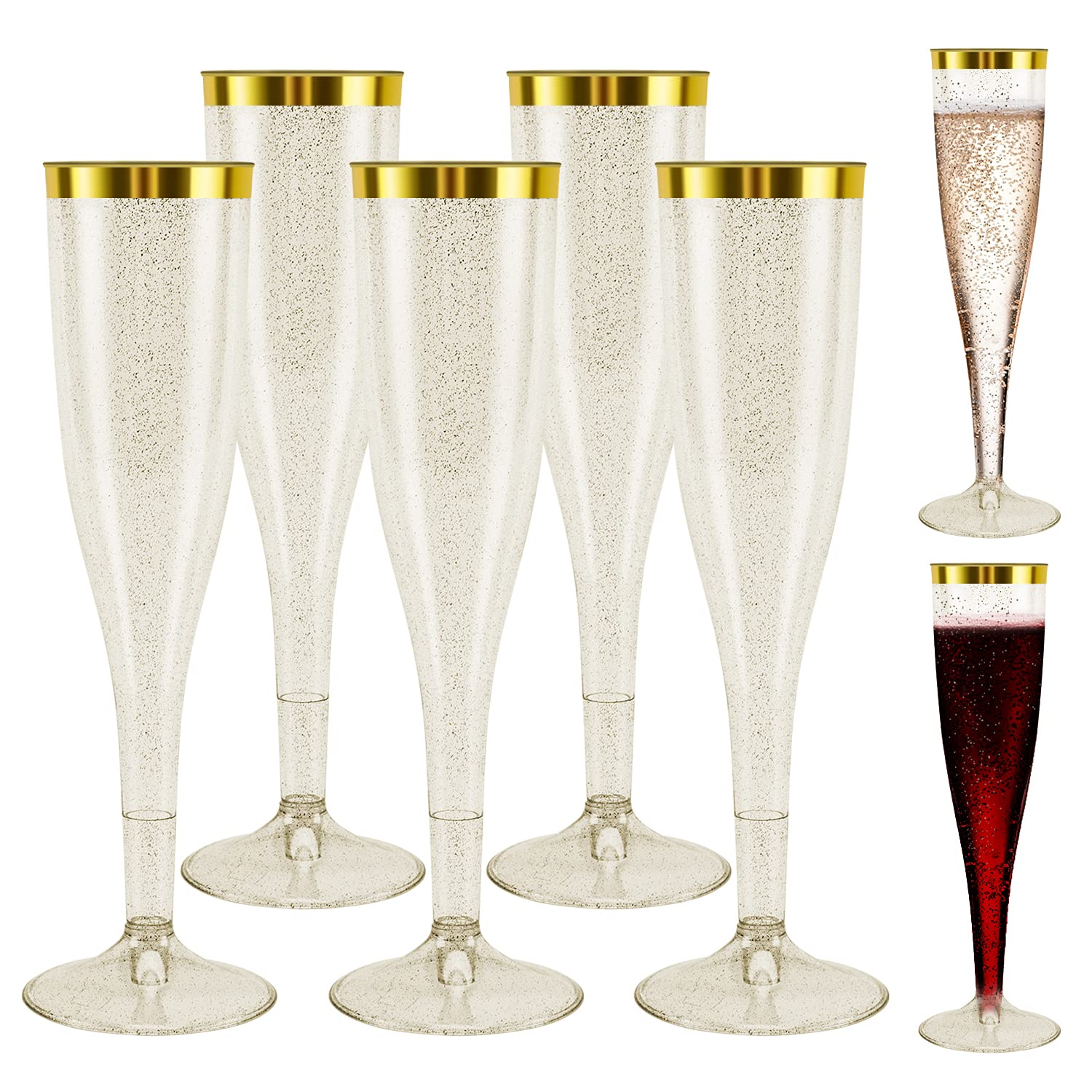 30 Pack Plastic Champagne Flutes Rose Gold Glitter with Rose Gold Rim