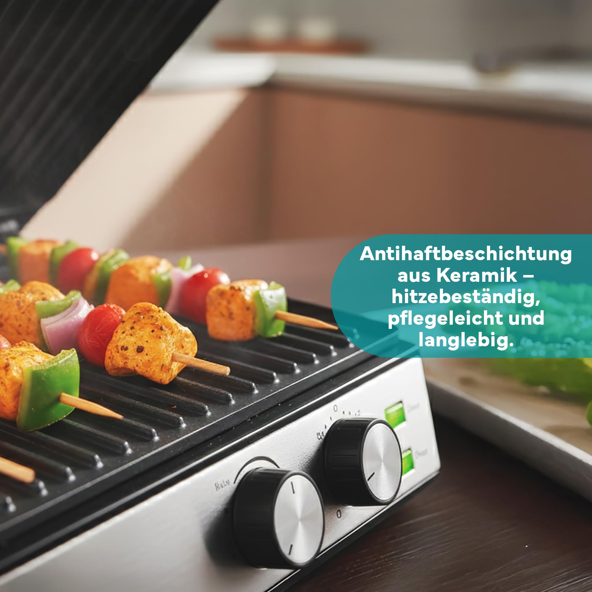 ARIVA Elektro Kontaktgrill 2000W mit Keramikbeschichtung – 2-in-1 Tischgrill 180° aufklappbar, Panini Maker mit Timer & Temperaturregler, Fettauffangschale, Antihaftbeschichtet, Silber