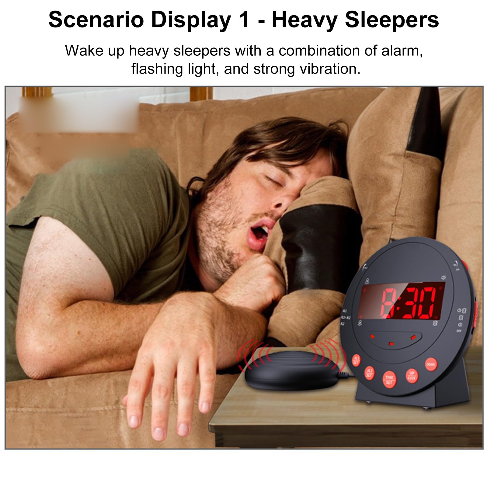 TARSHYRY Reloje de Alarma Fuerte con Agitador de Cama, Despertador Vibratorio con Pantalla LED para Durmientes Pesados/Dureza de Audición/Sordos/Adolescentes, Brillo/Volumen (Black)