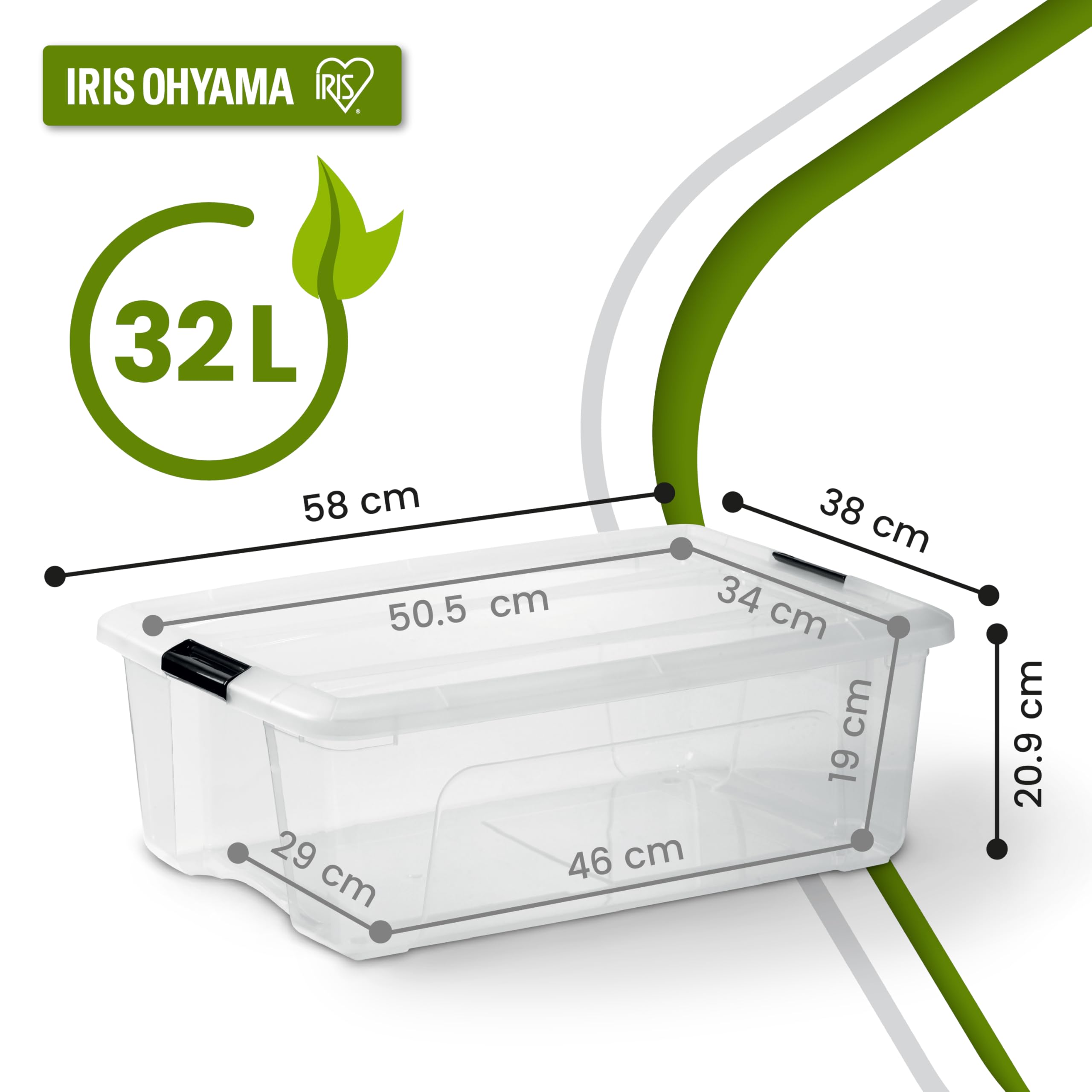 Iris Ohyama, Caja de Almacenamiento Plástica con Tapa, 32L, Lote de 4, Transparente, Clips de Cierre, Asa, Apilable, Organización Sólida y Duradera, para Habitación, Vestidor, Oficina, BSB-32