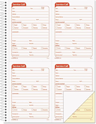 TOPS Formularios de correspondencia de llamadas de servicio, 2 partes, sin carbono, 4 juegos de mensajes por página, 200 juegos por paquete (4100)