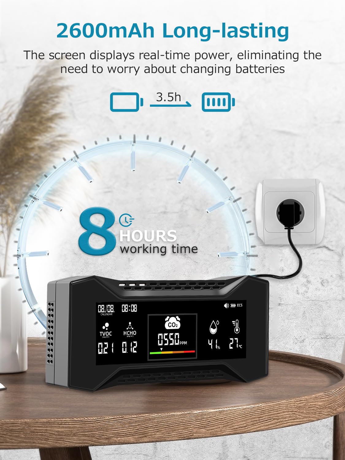 CF-20 monitor della qualità dell'aria 10 in 1 è un misuratore di alta precisione PM2.5 PM10 CO2 HCHO TVOC con 6 indicatori visivi AQI, display a doppia pagina, ricaricabile per casa e ufficio (1 PCS)