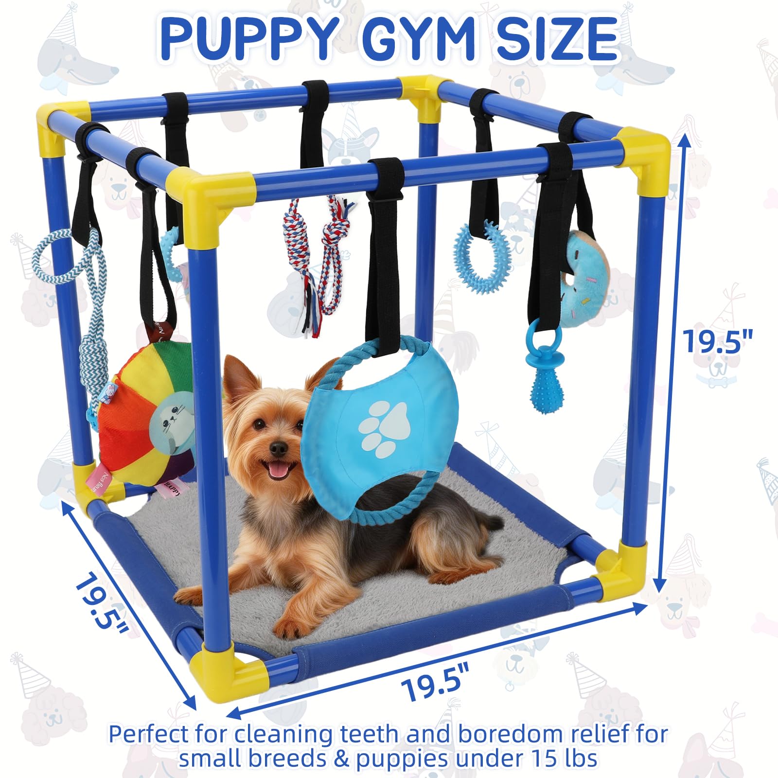 Welpenspielstudio mit 8 hängenden Spielzeugen und weicher, wendbarer Bodenmatte | Indoor Dog Active Gym mit verstellbaren Bungee-Gurten und PVC-Rahmen für Welpenzahnen, Zahnspielzeug & geistige Stimulation