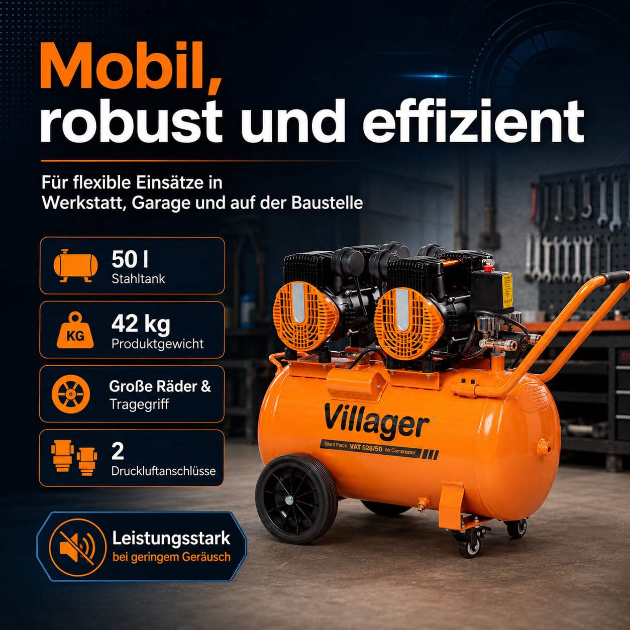 Villager Flüsterkompressor SILENT FORCE VAT 528/50 Kolbenkompressor 8 Bar – Leiser Kompressor, 528 l/min, 50 l Tank, 3000 W, ölfrei & leise - Silent-Kompressor VI-067194