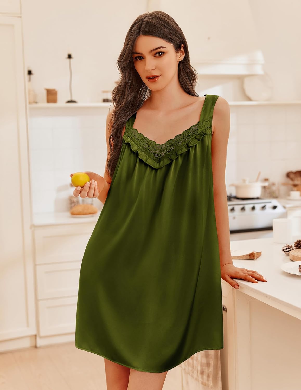 Ekouaer Women's Satin Silk Nightgown V Neck Sexy Nightdress Tank Sleeveless Sleepshirt Lace Sleep Dress Nightwear S-XXXL - Image 6