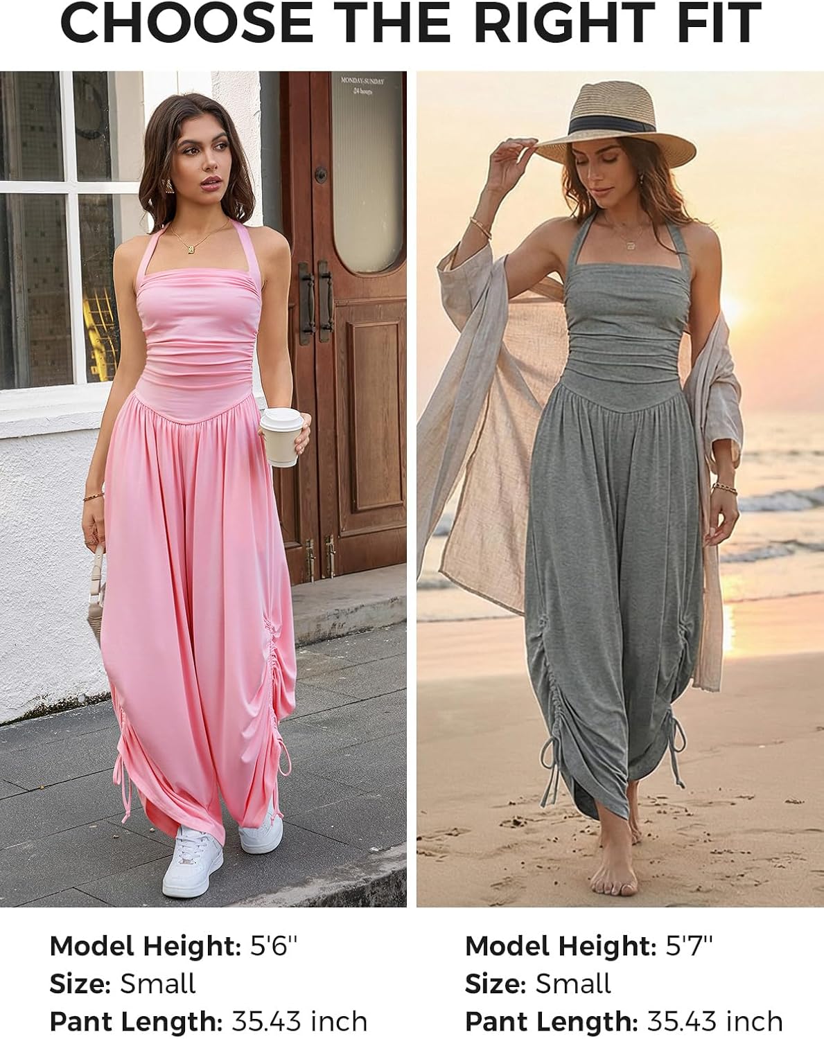 Fisoew Womens Casual Jumpsuits Summer Halter Straps Sleeveless Overalls Ruched Barrel Wide Leg Side-Cinch Long Pant Rompers