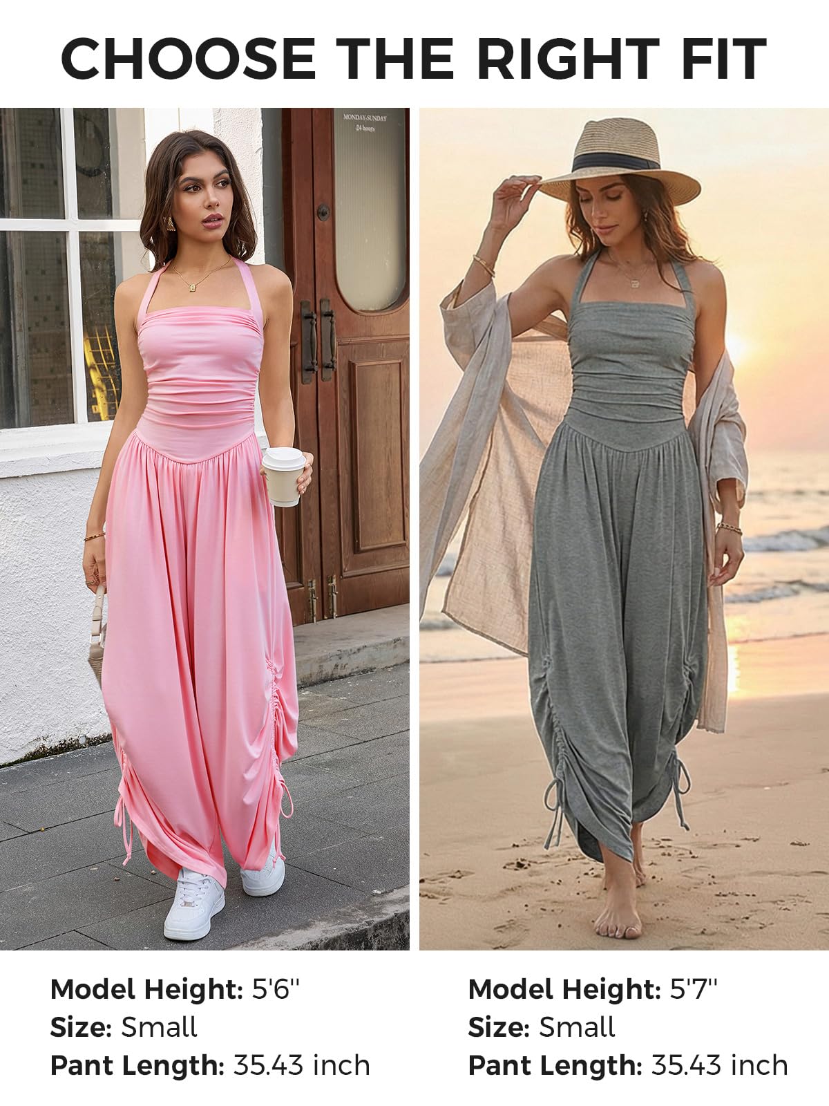 Fisoew Womens Halter Straps Sleeveless Square Neck Overalls Ruched Barrel Wide Leg Side-cinch Jumpsuits Rompers With Pockets Tute Donna (Pacco da 1)