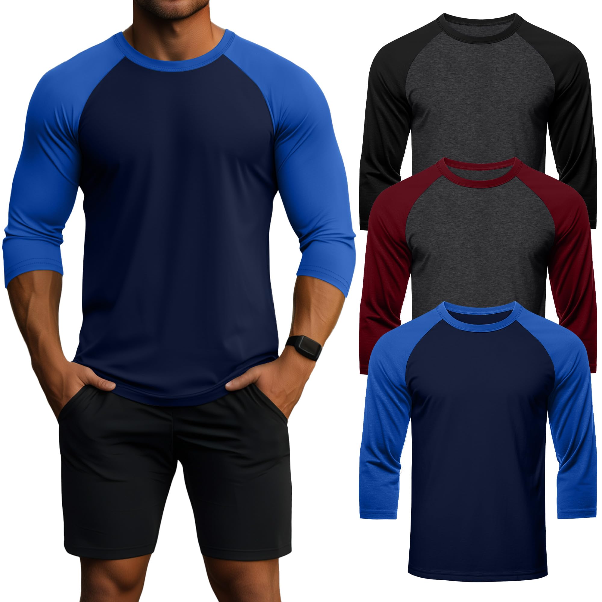 Geyoga Paquete De 3 Camisetas para Hombre De Manga 3/4, Cuello Redondo, Estilo Béisbol, Transpirables Y Deportivas