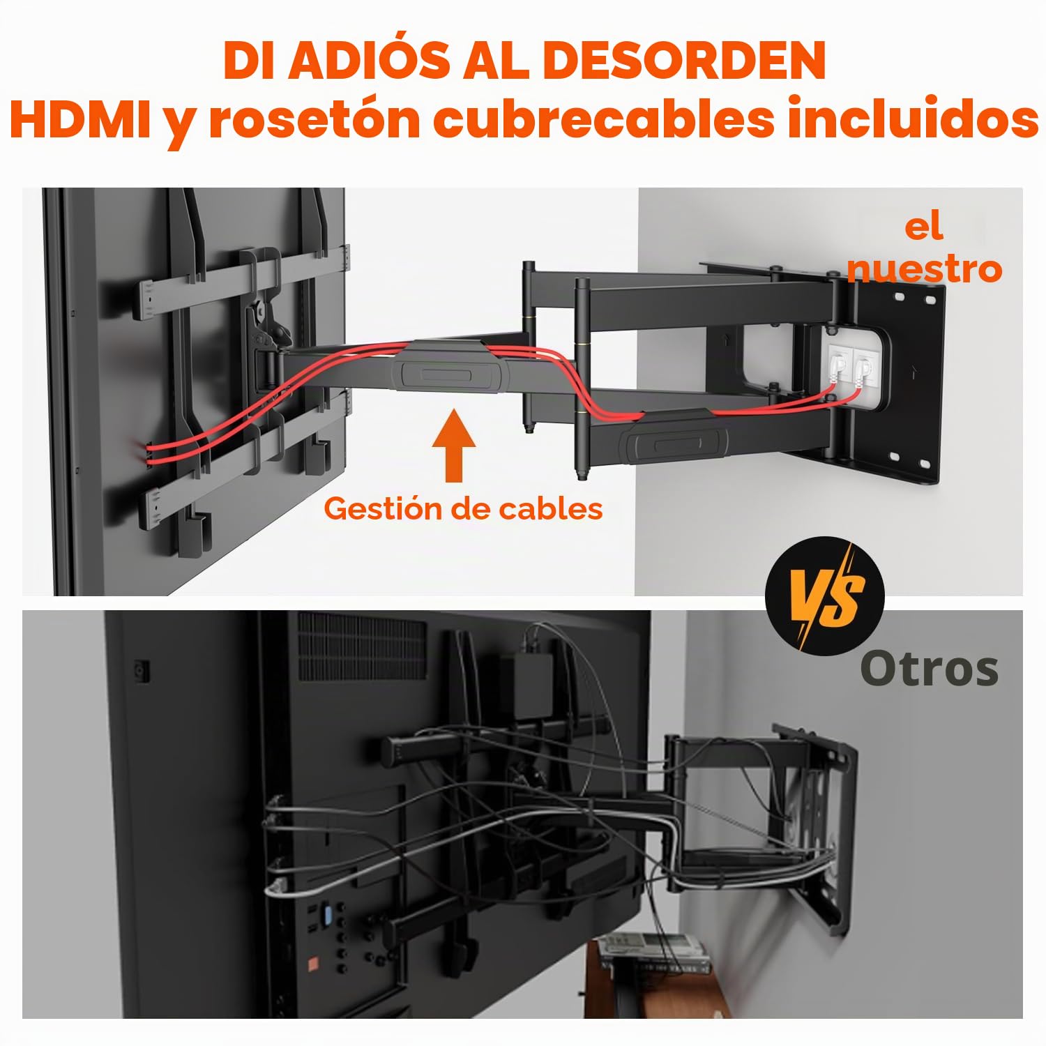 Soporte TV Pared para Pantallas Planos y Curvos de 50-90 Pulgadas, Soporte TV Inclinable y Giratorio con 765mm Brazos Dobles, Resistentes hasta 75kg, VESA Máx 600x400mm