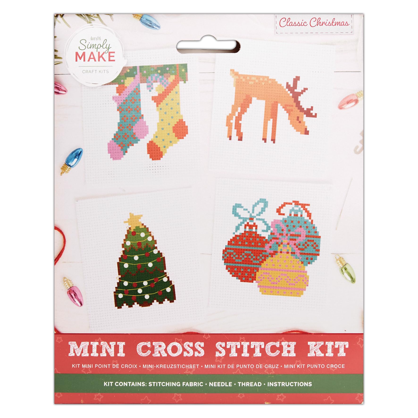 Simply MAKE Cross Stitch Kit, Classic Christmas 4 Pack, Hoop Embroidery, Thread, Fabric & Needle, Perfect For Beginners, Starter Cross Stitch Craft Kit, Great Gift, Craft Hobbyists, Festive Home Dcor