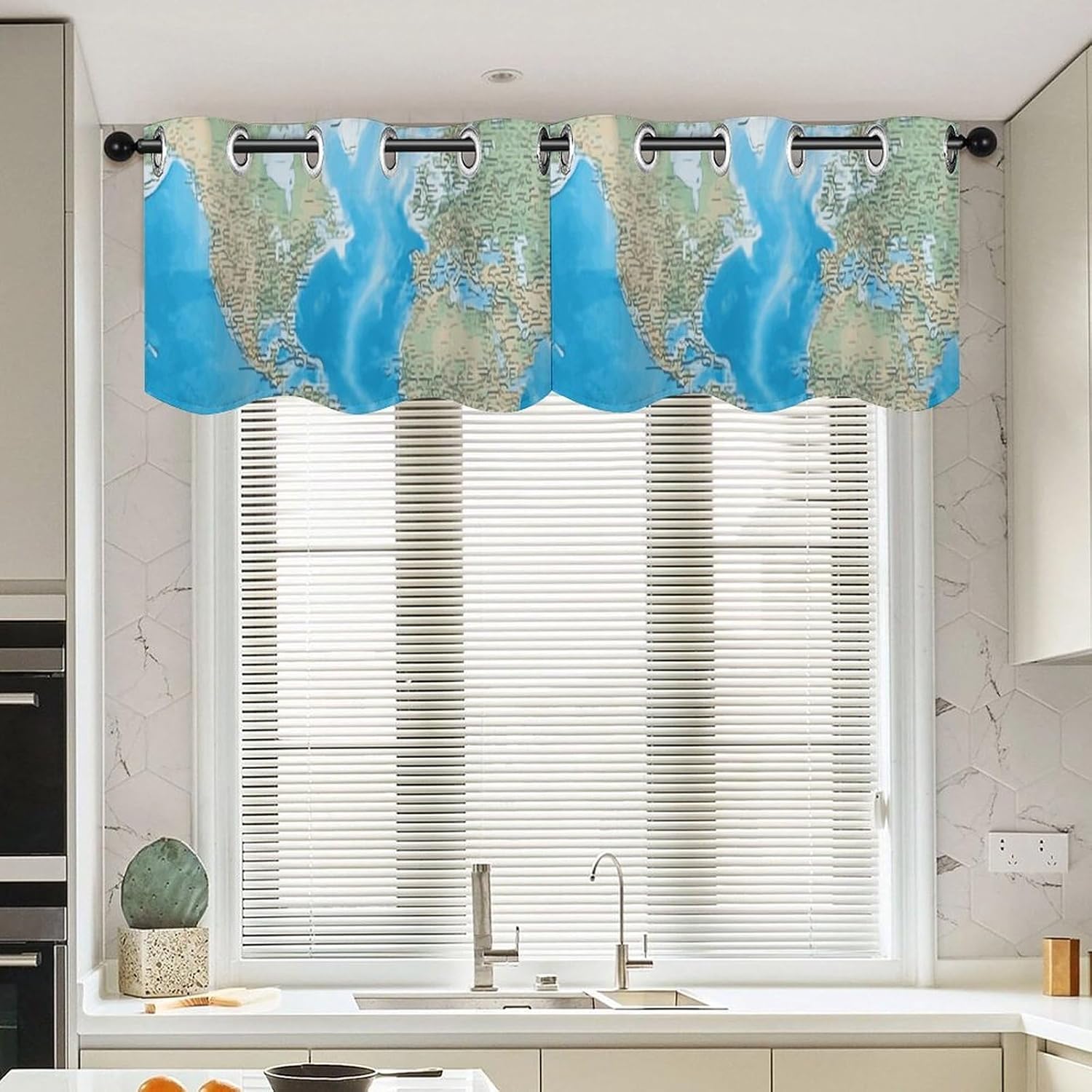 World Map Valance for Windows, 2 Pack Kitchen Curtains Modern Home Decor, Soft Blackout Window Curtains for Living Room & Bedroom, 18 X 52 Inch
