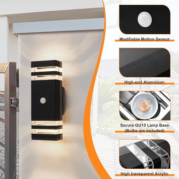 Up Down Outside Lights with Motion Sensor, 4000K PIR Outdoor Wall Light Mains Powered, IP65 Front Door Porch Light Electric, Security External Exterior GU10 LED Lighting Wall Mounted, Black