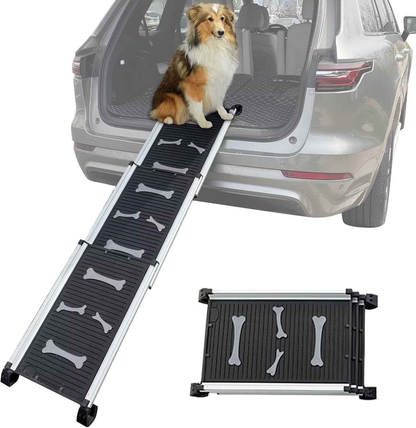 HOXWELL Collapsible Dog Ramp Telescopic Pet Ramps for Large Dogs SUV and Car, Portable Non-Slip Car Ramps for Small, Medium Dog, Anti-Resistant with Rubber Bone Pattern, Adjustable Length 28” to 62” : Pet Supplies
