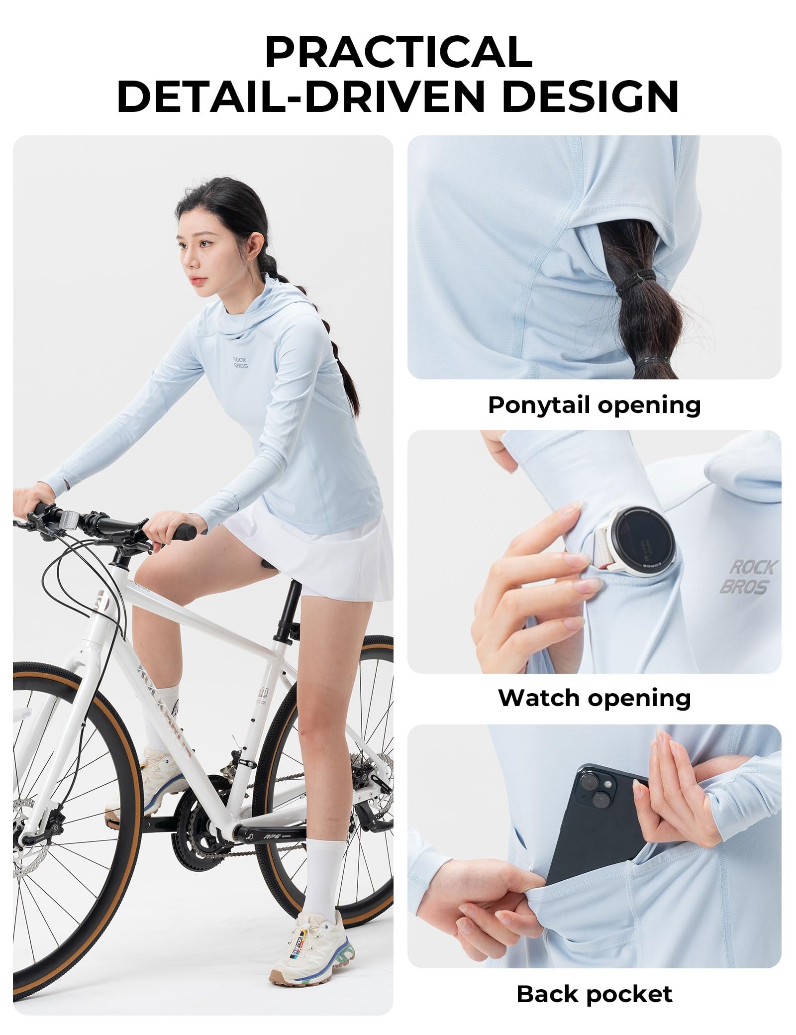 ROCKBROS Maglia Sportiva Donna Maniche Lunghe, Traspirante e ad Asciugatura Rapida, UPF 50+, Elastico e Leggero, con Tasche, Abbigliamento per Ciclismo Corsa Gym Trekking Yoga