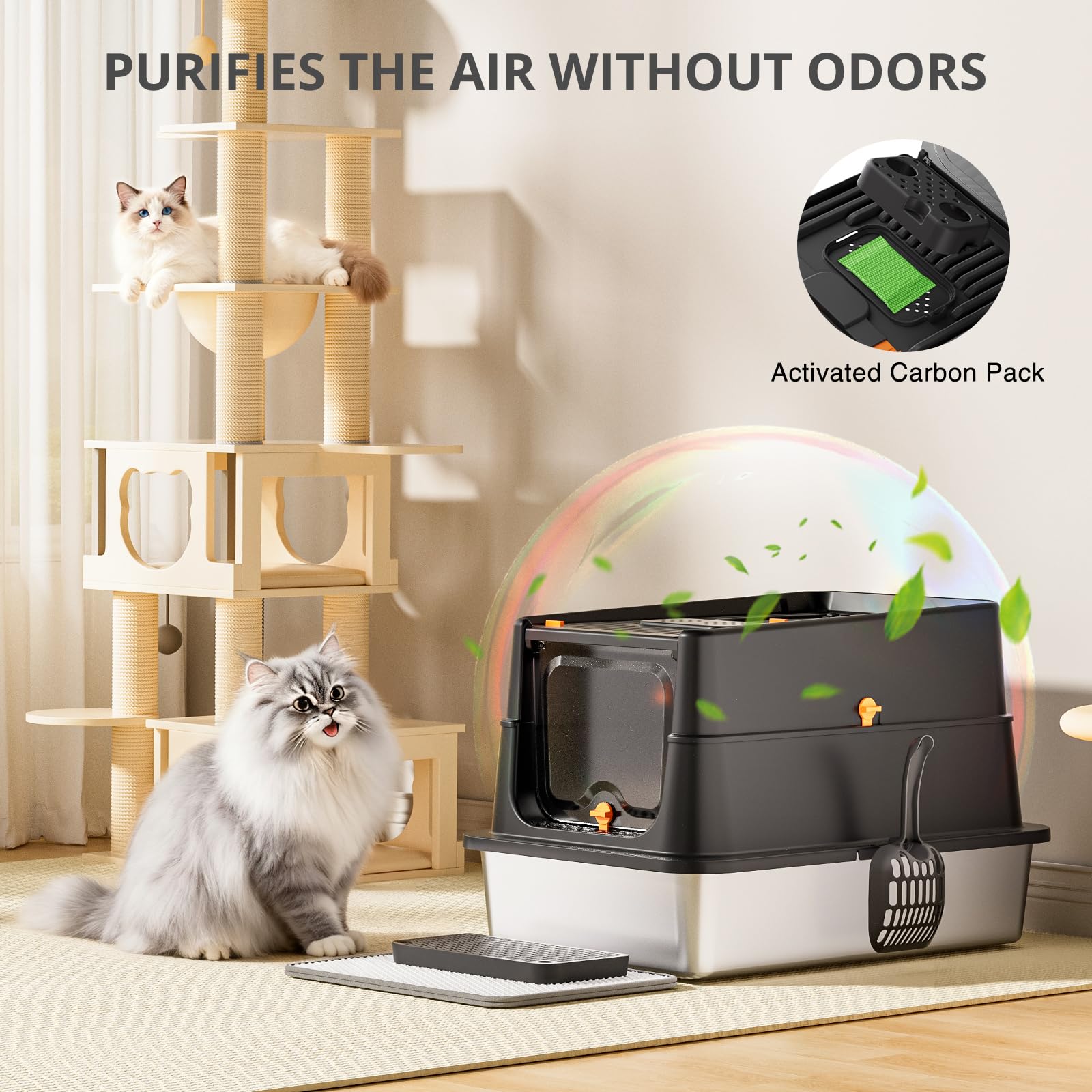 APPKER Stainless Steel Cat Litter Box, XL Enclosed Cat Litter Box with Lid, Easy to Clean High-Sided Metal Kitty with Top Entry, Scoop, Mat, Brush & Foot Pedal-Black - image 4