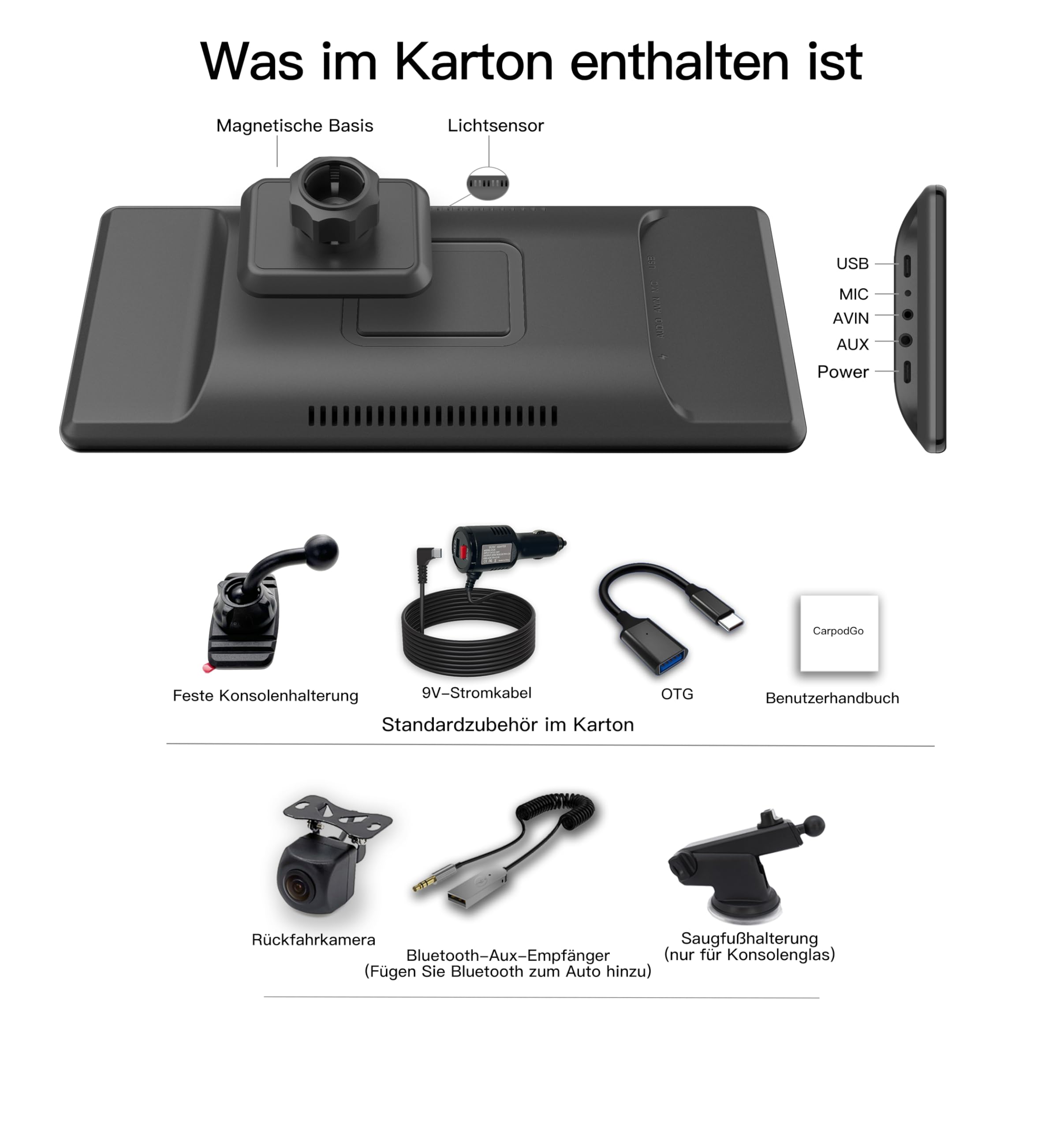 CarpodGo T3 Pro Portable 60fps Wireless Carplay Android Auto,Display-Only BT-Modus unterstützt Lenkradsteuerung8,9 Zoll 1920 * 720 IPS Touchscreen Auto-Stereo