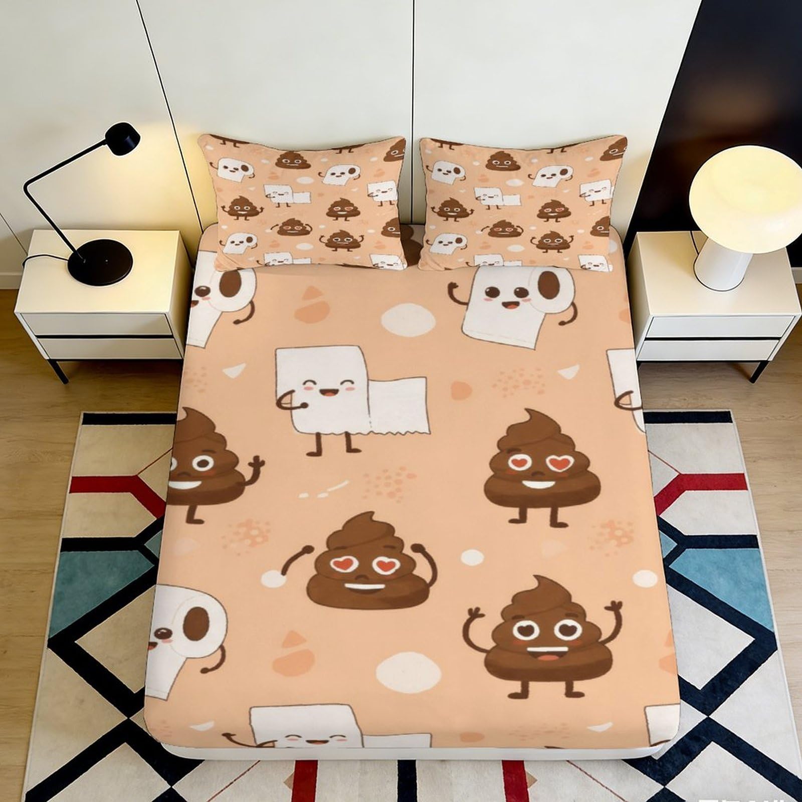 3D Printed Cartoon Poop Fitted Sheet Microfiber Brown Funny Toilet Paper Bed Cover for Bedroom Dorm Mattress Decor 90x200x25cm