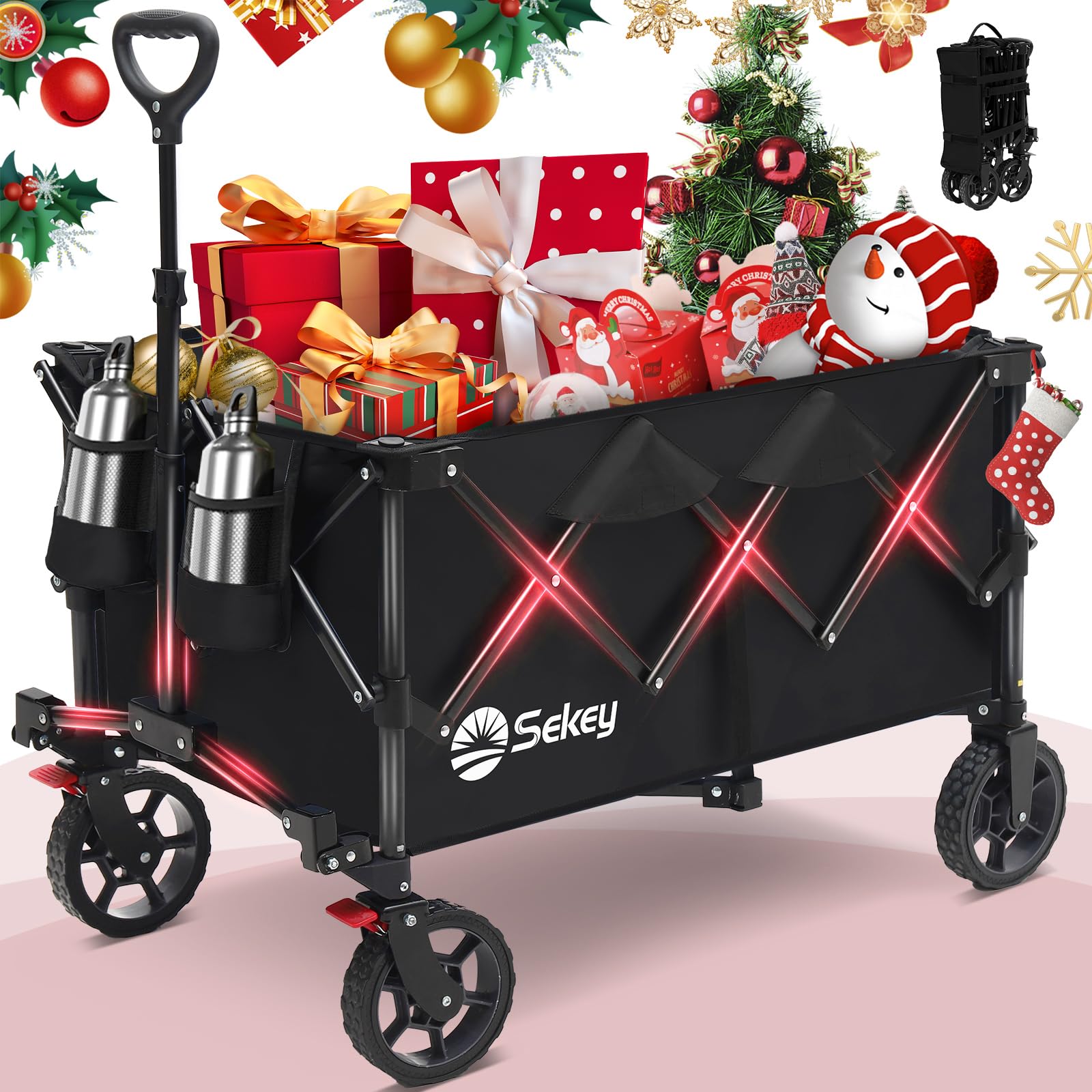 Sekey Collapsible Foldable Wagon with 330lbs Weight Capacity, Heavy Duty Folding Wagon Cart with Big All-Terrain Wheels & Drink Holders. Black