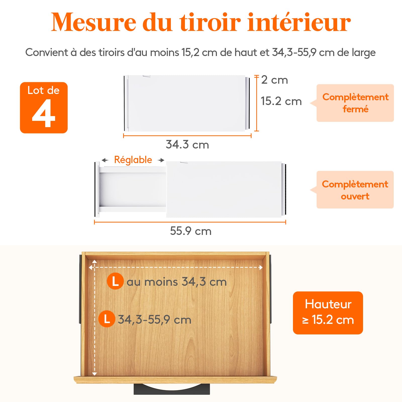 Lifewit 4 Pack Ladeverdelers Plastic 10 cm Hoog, 28-44,5 cm Verstelbare Lade Organisers voor Kleding, Uitbreidbare Ladeverdelers in Slaapkamer/ Badkamer/Keuken/Kantoor Organisatie en Opbergen
