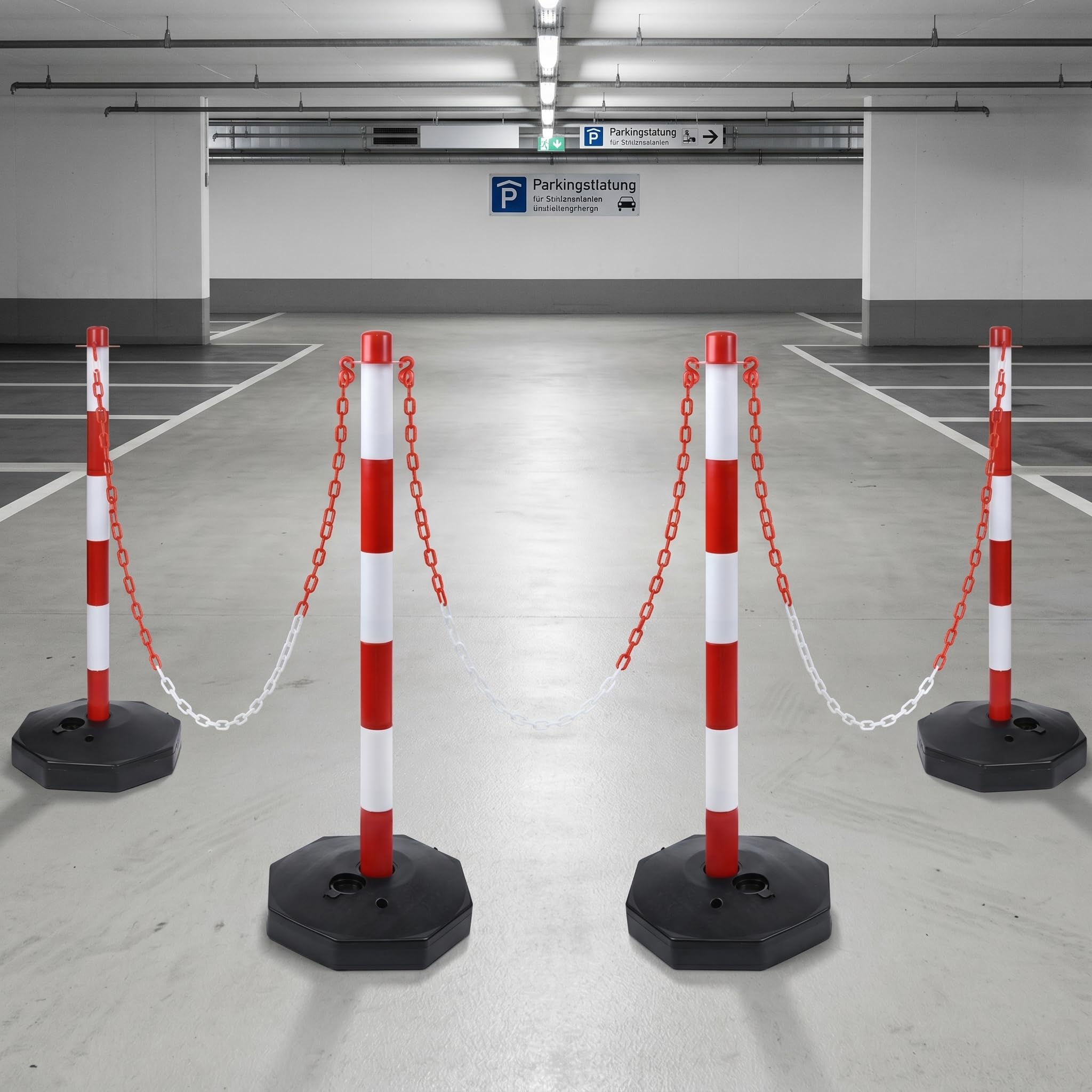XMTECH Słupki odgradzające z łańcuchem – 4 sztuki słupków z podstawką, łańcuch z tworzywa sztucznego, 4 x 1,4 m, mobilny stojak łańcuchowy, blokada parkingu, placu budowy i bezpieczeństwa, czerwony