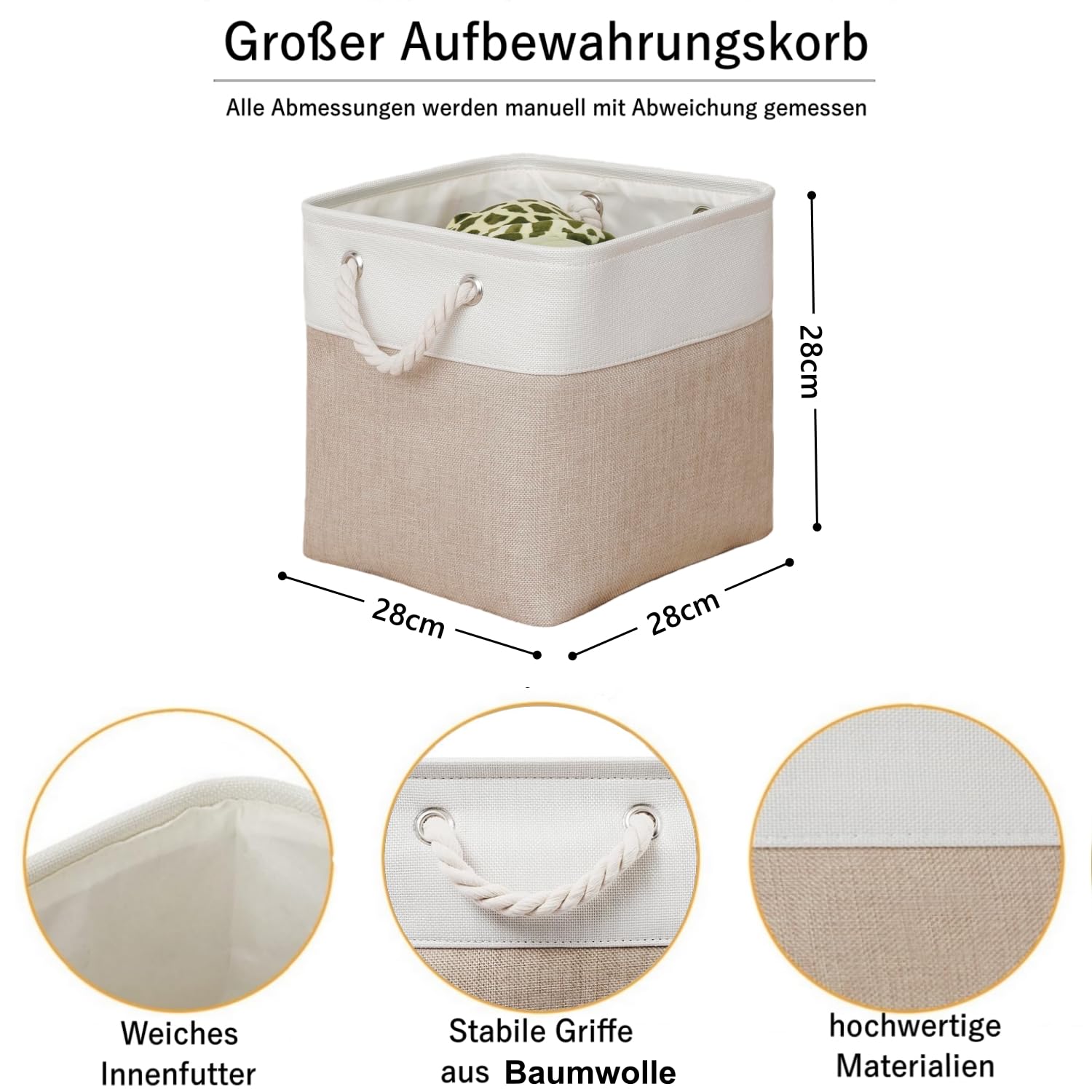 28 x 28 cm Cube Aufbewahrungsbox, 6er-Set Große Stoff Aufbewahrungsboxen mit Baumwollseil-Griffe, Stoffkörbe zum Ordnen von Kleidung, Kinderzimmer, Zuhause (Khaki/Weiß)